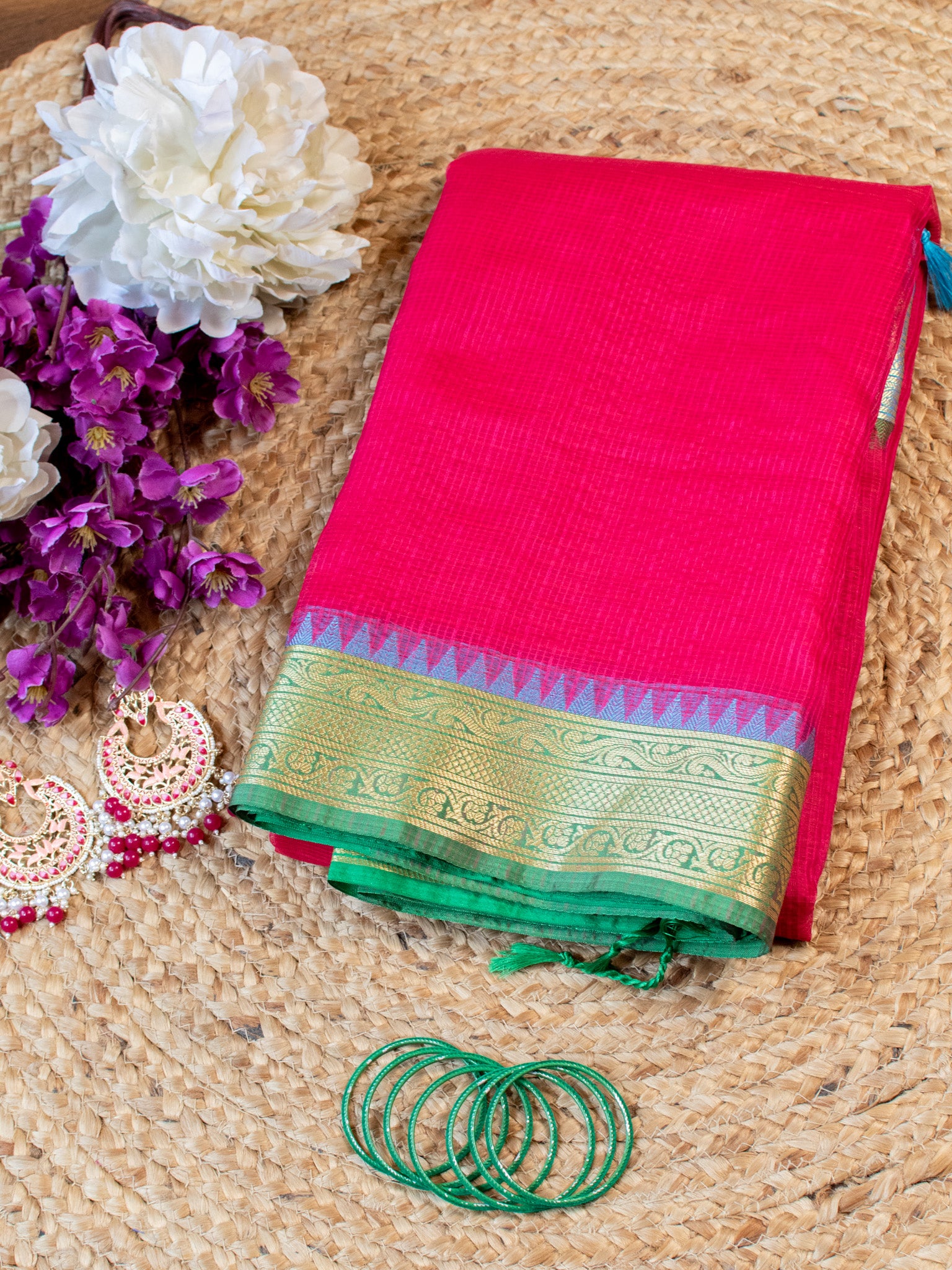 Banarasi Kota Check Saree With Contrast Border - Pink