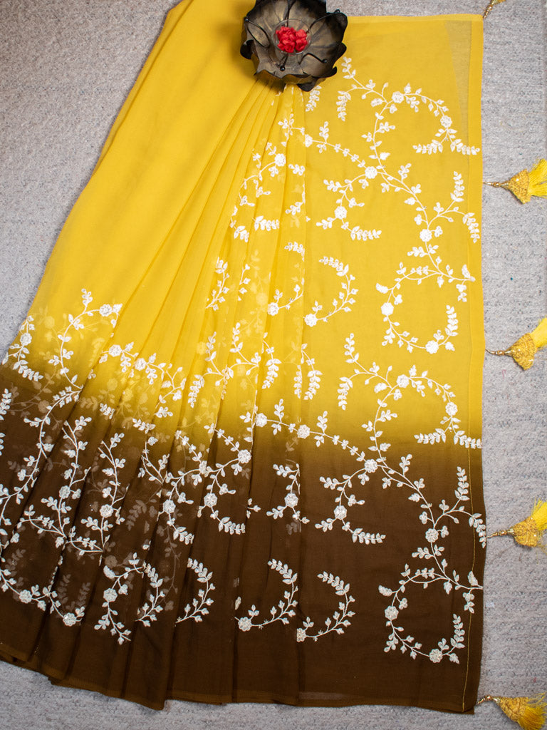 Dual Shade Embroidered Semi Chiffon Saree-Yellow