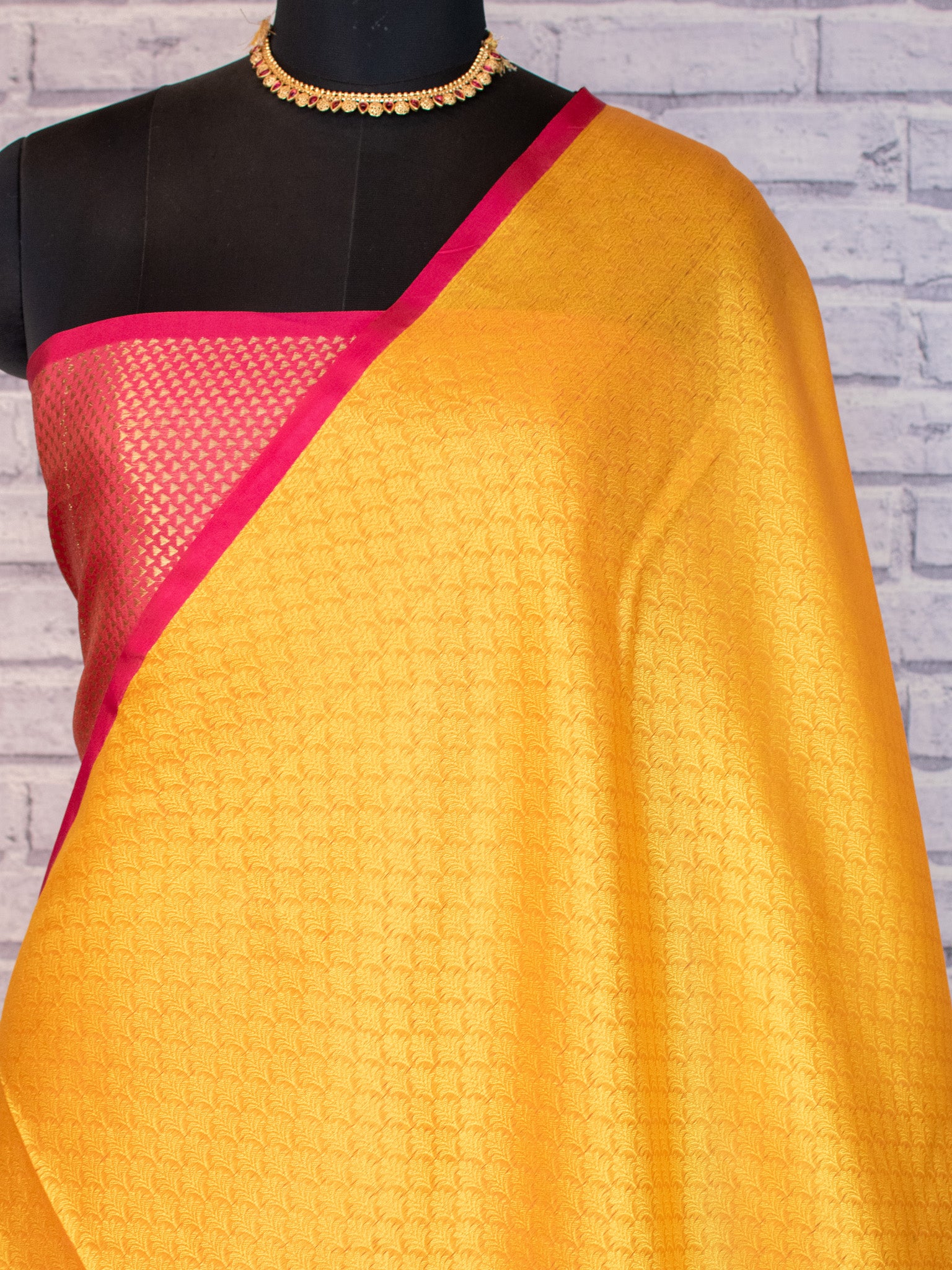 Banarasi Kora Muslin Broad Contrast Border Saree-Yellow & Pink