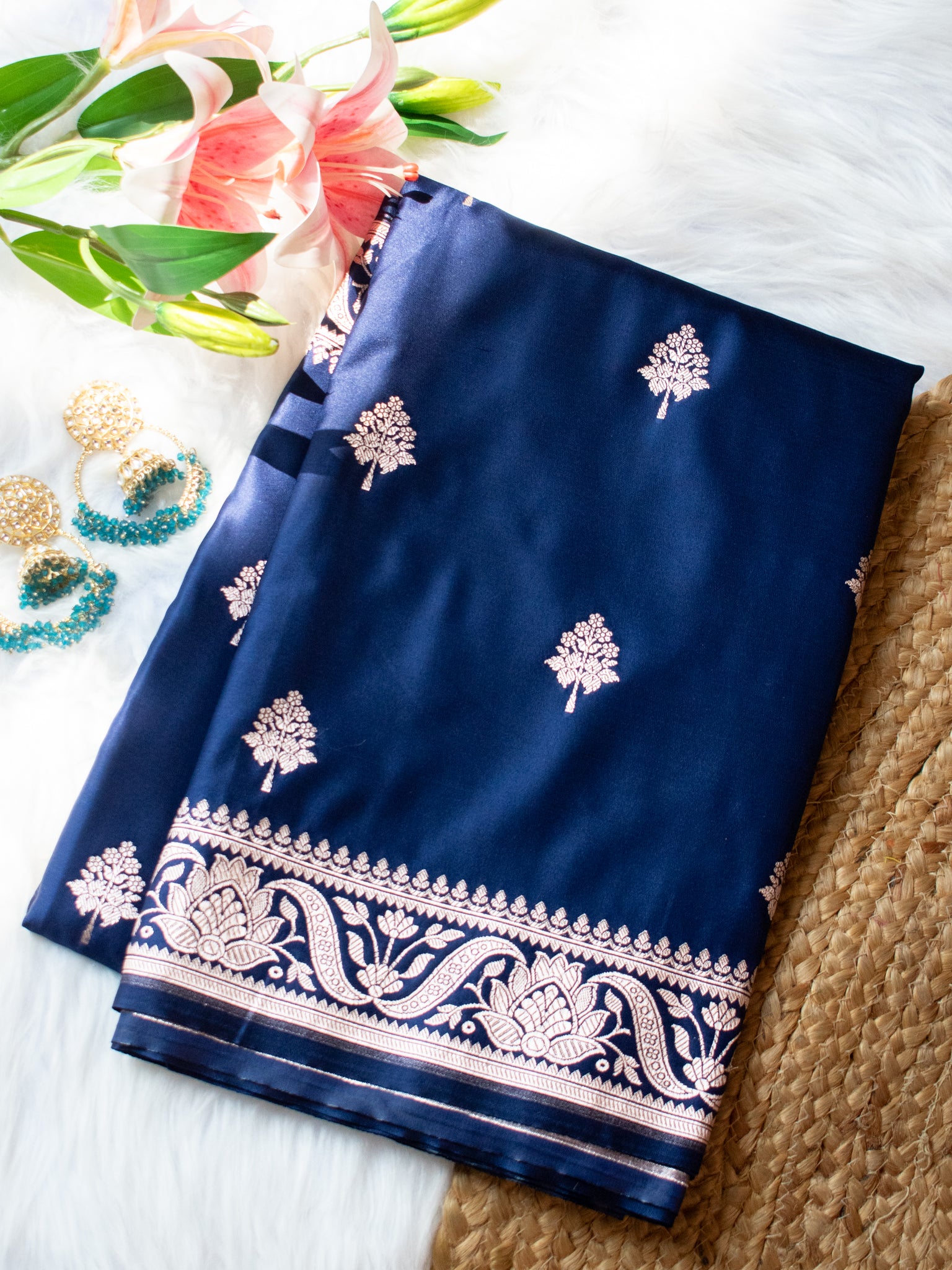 Banarasi Mashru Silk Saree With Buti & Border- Blue