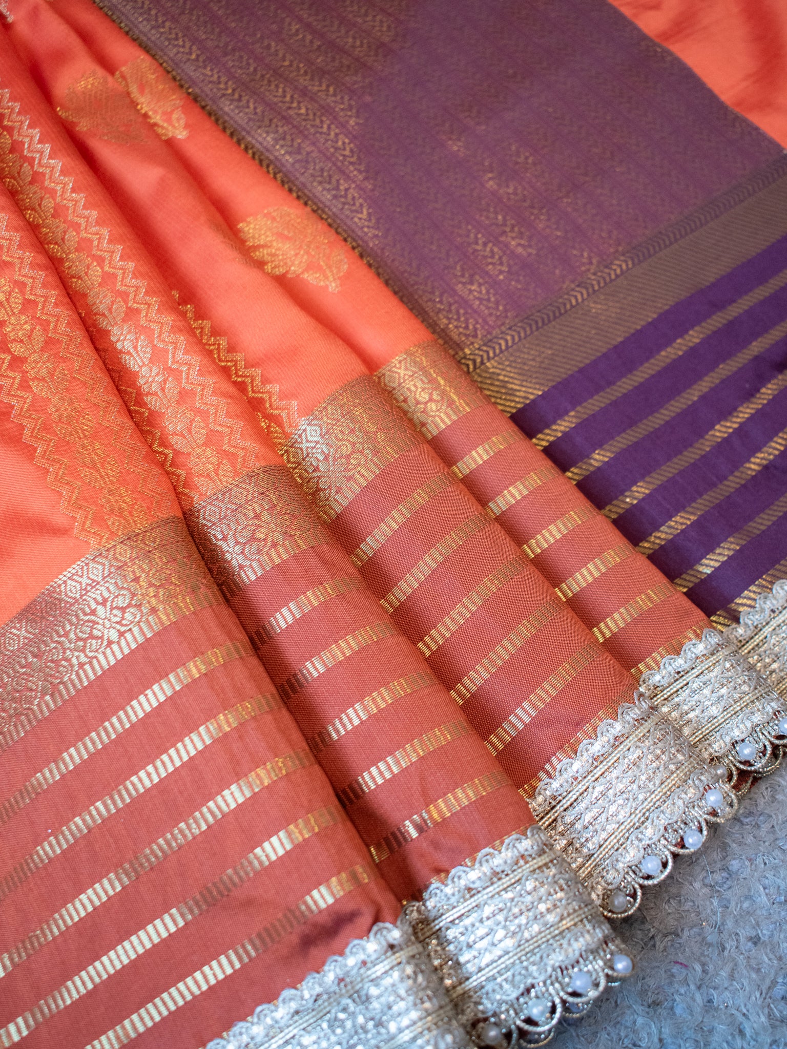 Banarasi Cotton Silk Saree with Zari Weaving & Lace Border- Orange