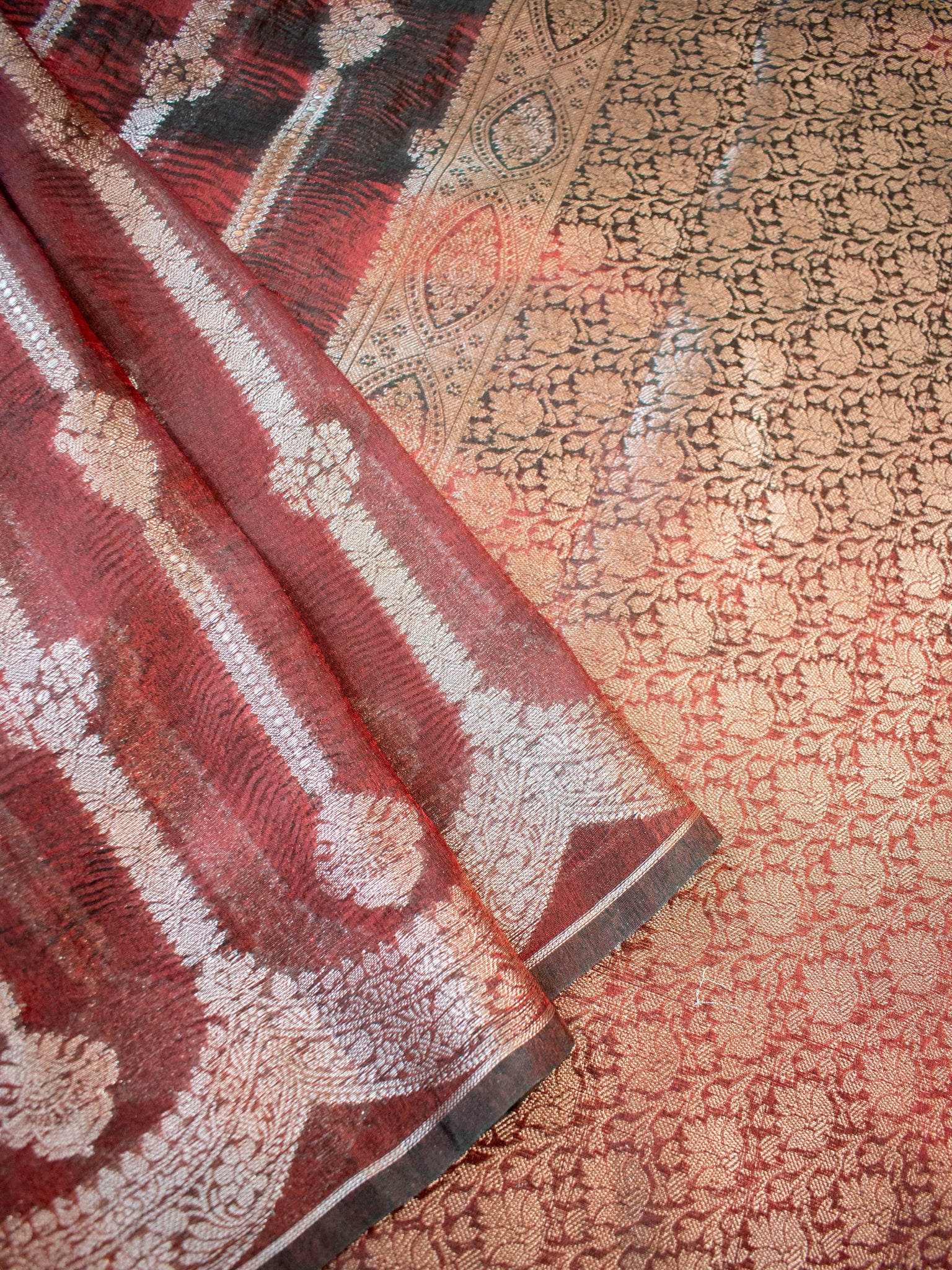 Banarasi Crushed Tissue Saree With Silver Zari & Scallop Border - Coca Cola