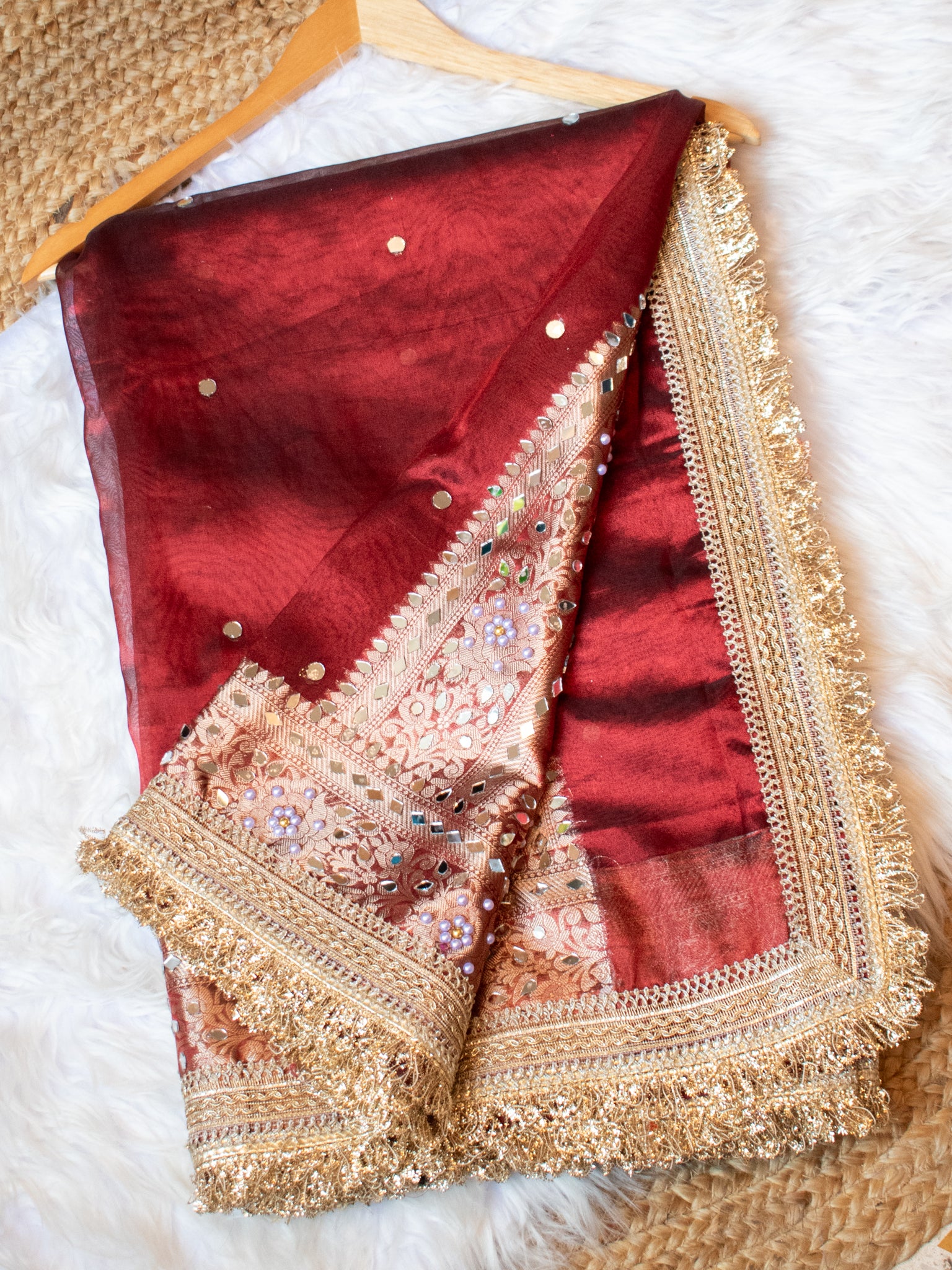 Banarasi Mirror Work Tissue Saree with Lace Border - Maroon