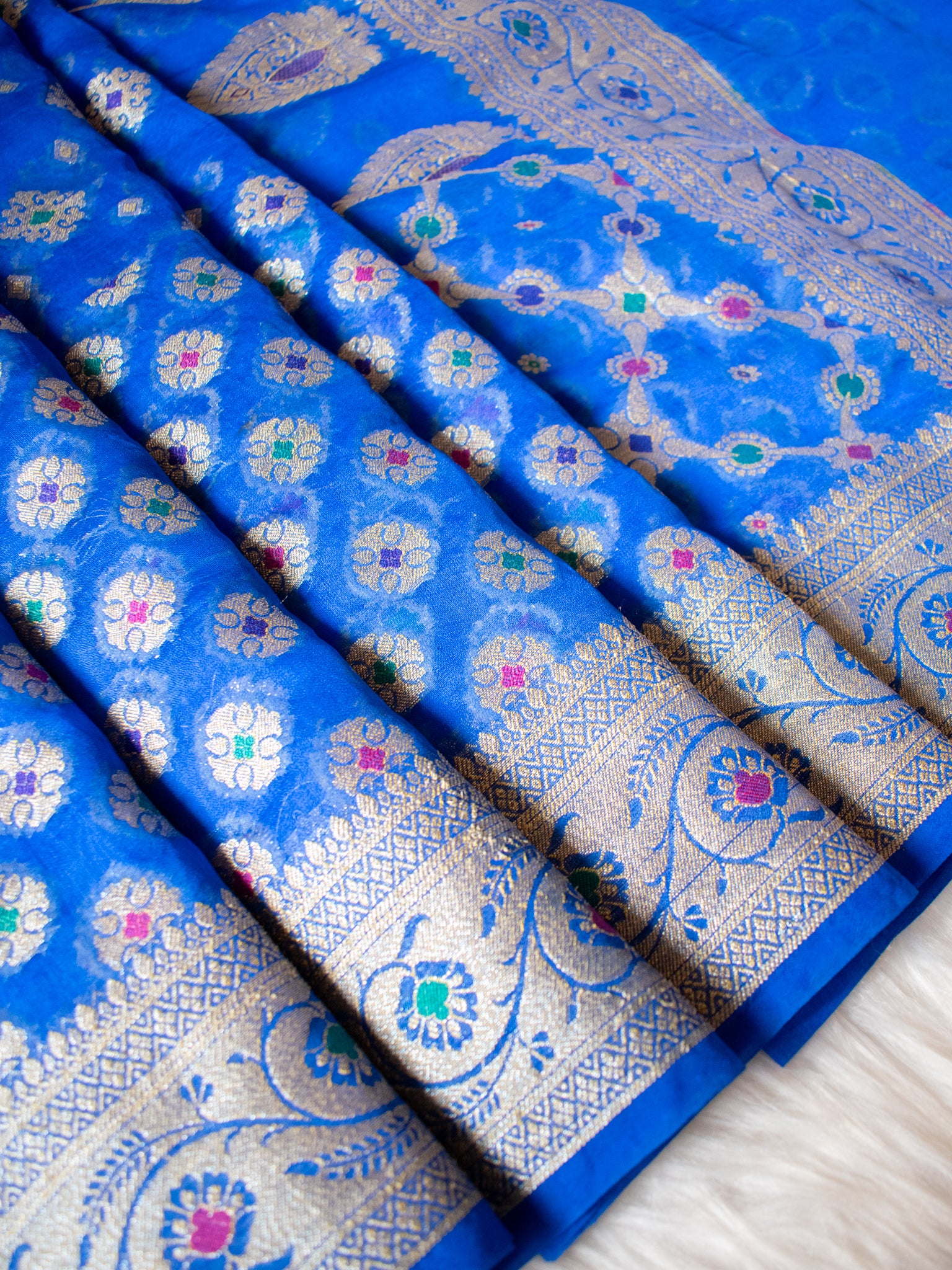 Banarasi Pure Cotton Saree With Zari & Resham Buti Weaving & Border- Blue