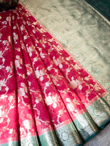 Banarasi Kora Saree With Zari Jaal Weaving & Contrast Border-Red