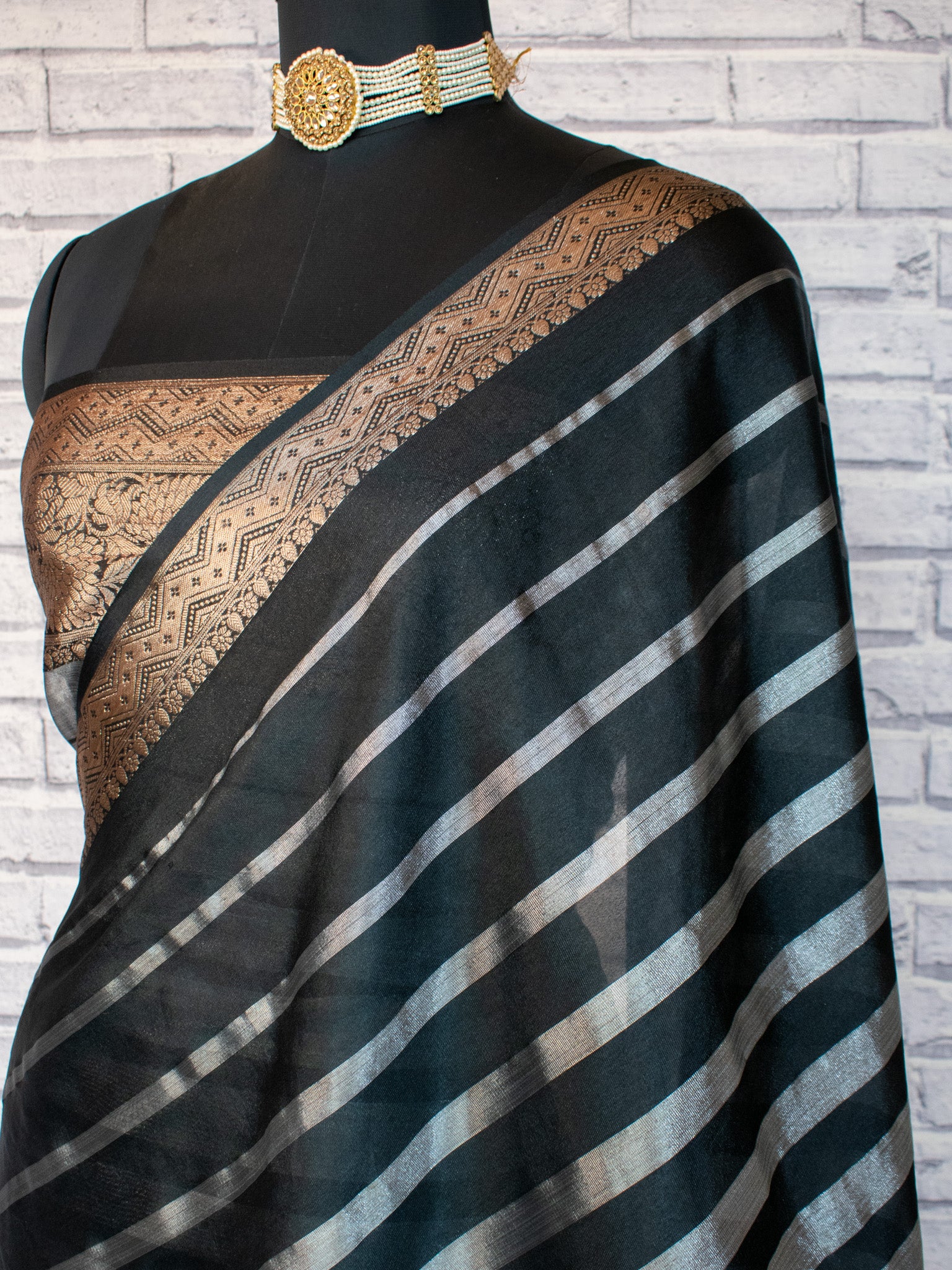 Banarasi Tissue Saree With Copper Zari Border-Black