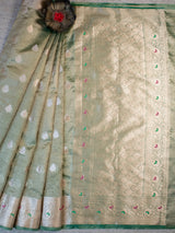 Banarasi Crushed Tissue Saree With Zari Border-Green