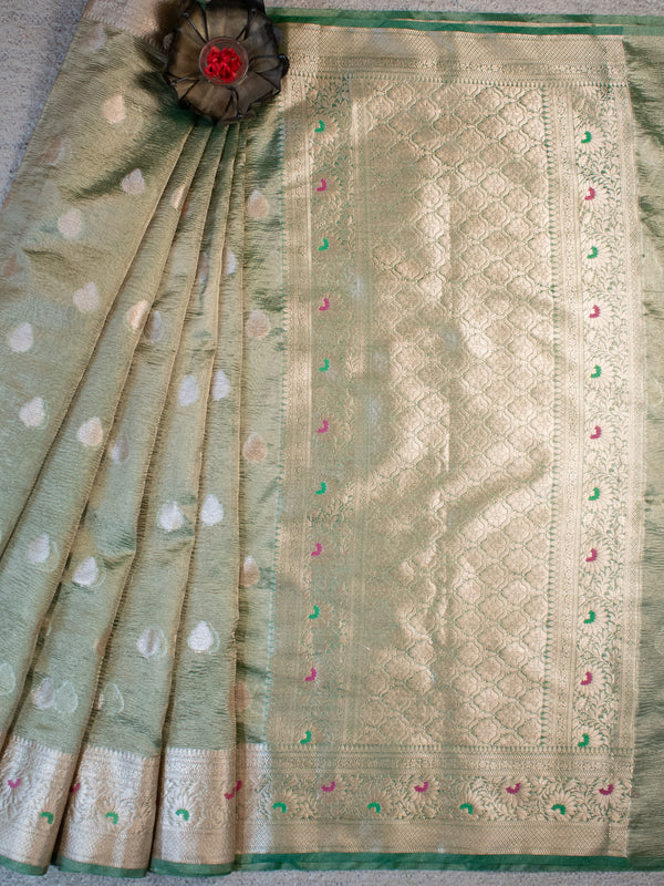 Banarasi Crushed Tissue Saree With Zari Border-Green