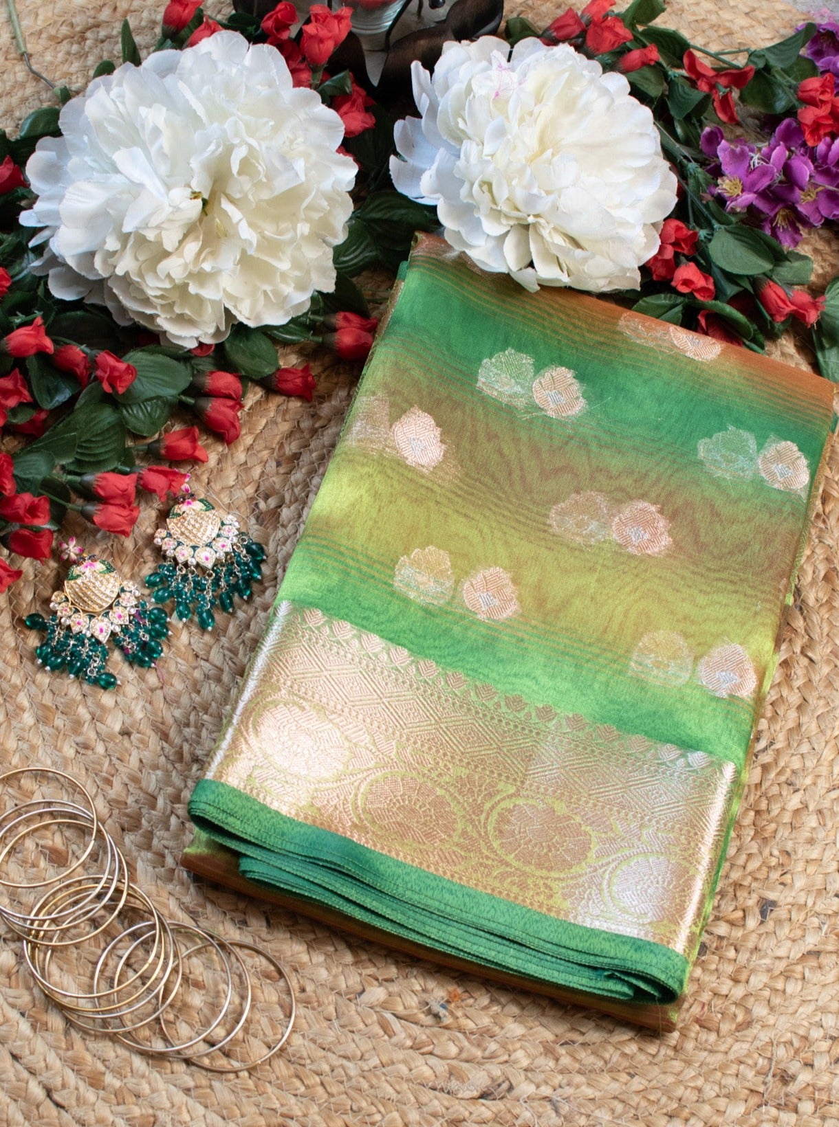 Banarasi Shaded Tissue Saree With Buti & Zari Border - Green