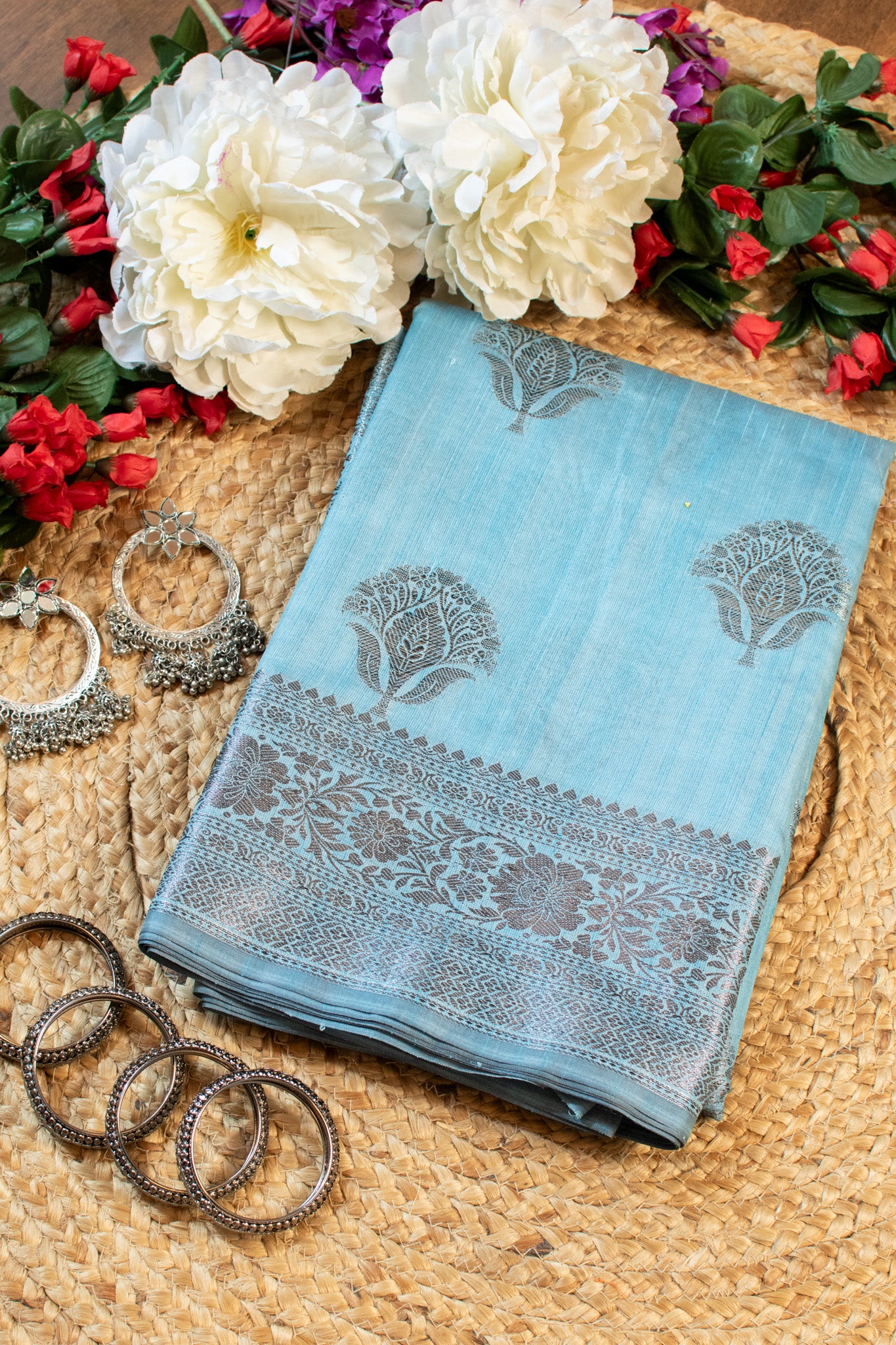 Banarasi Handwoven Ghicha Cotton Buti Saree With Border-Blue