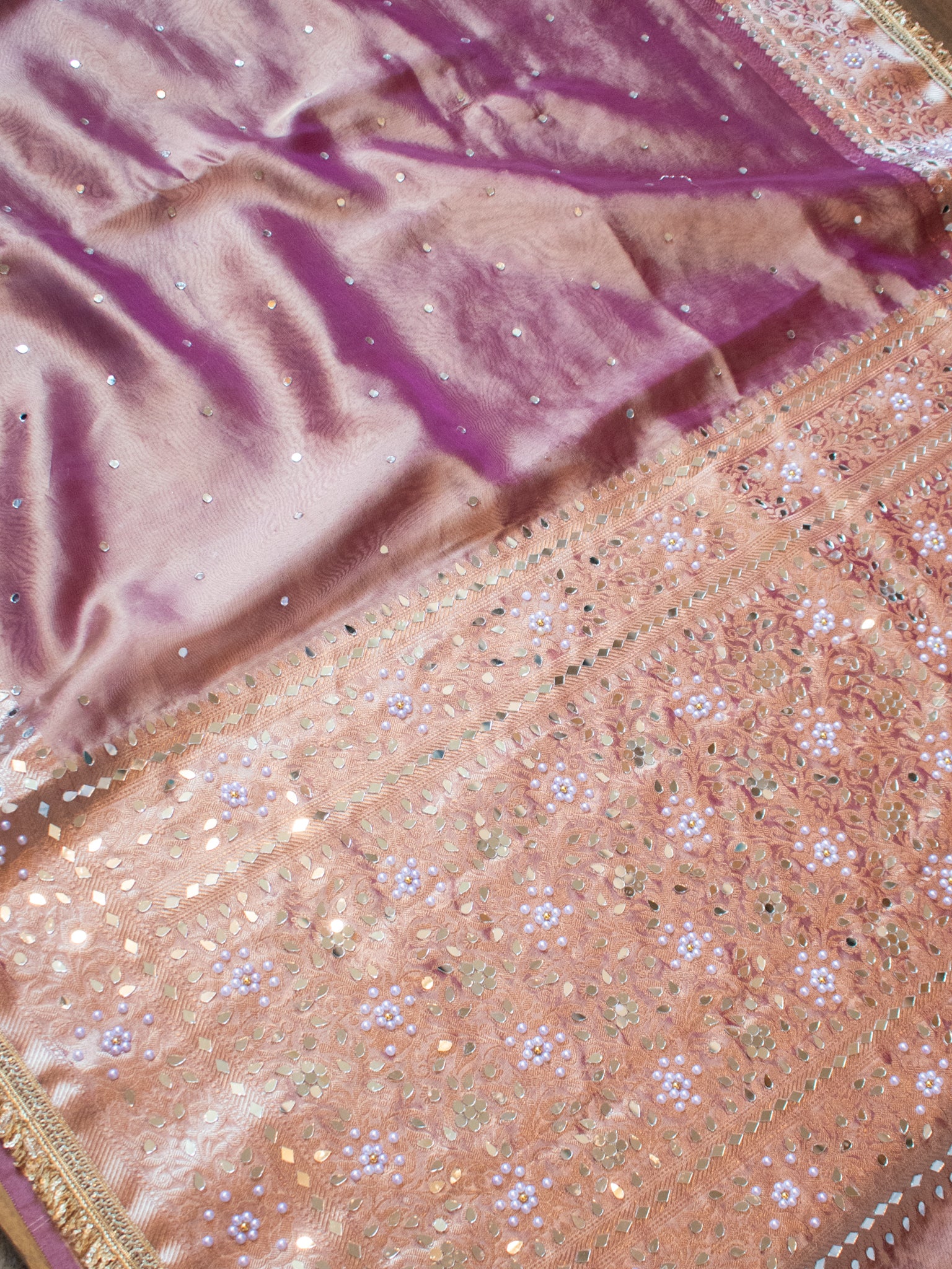 Banarasi Mirror Work Tissue Saree with Lace Border - Pink
