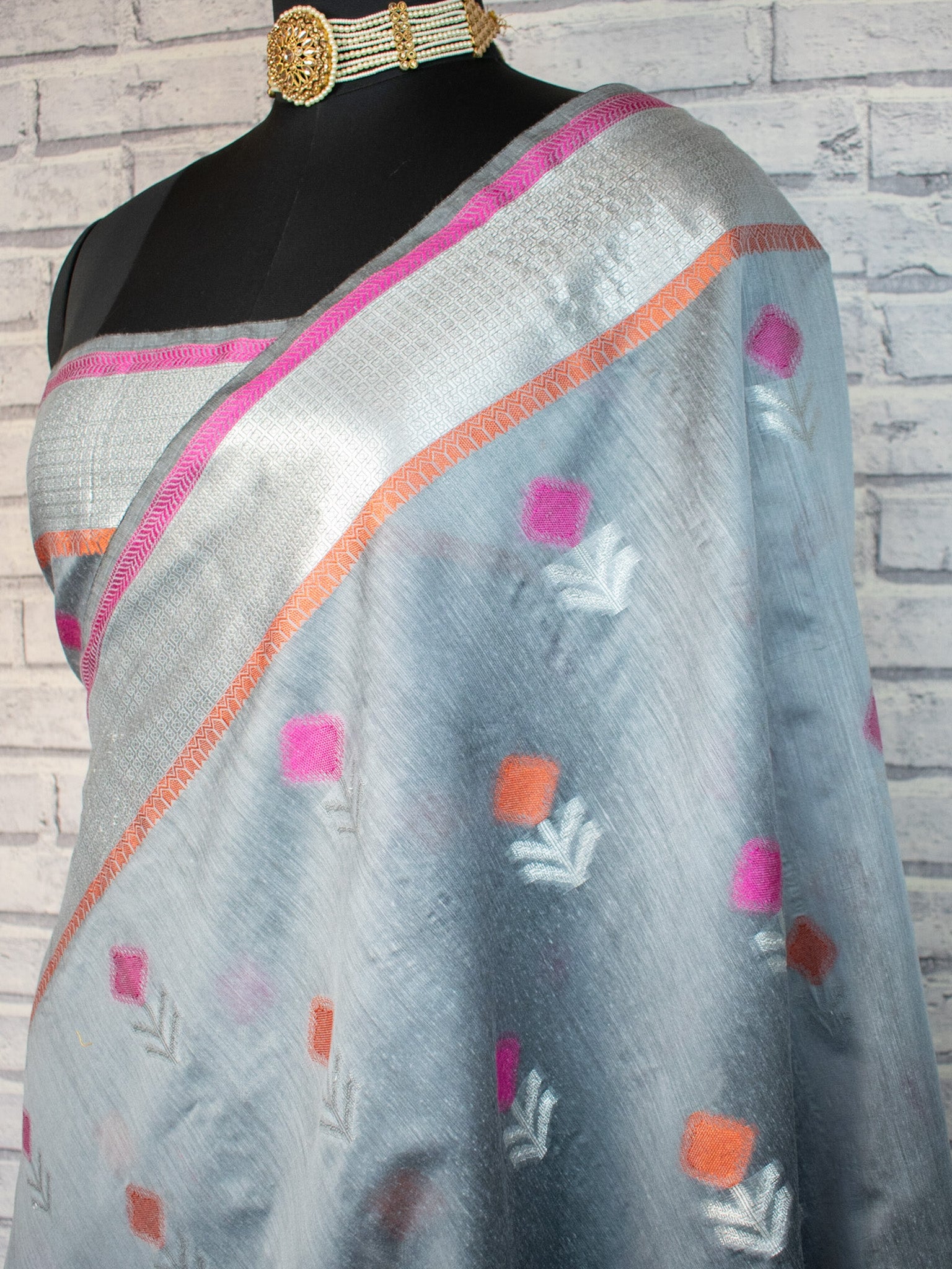 Banarasi Soft Cotton Saree Silver Zari Weaving- Grey