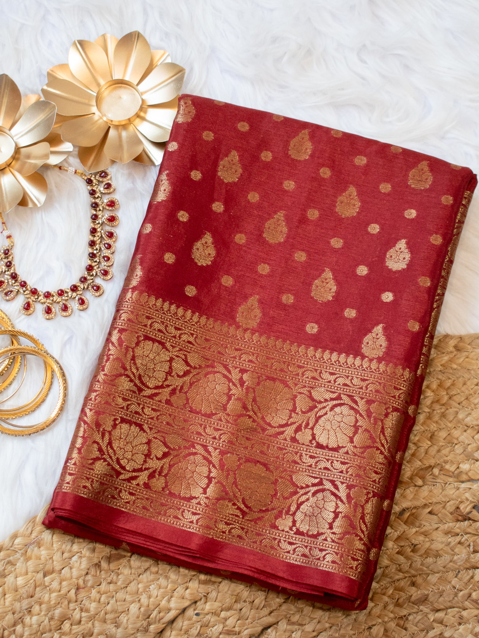 Banarasi Soft Cotton Saree With Antique Zari Weaving & Border- Red