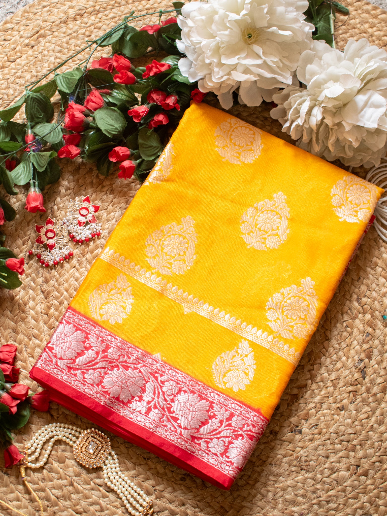 Banarasi Dupion Warm Silk Saree With Silver Buta & Contrast Border- Yellow