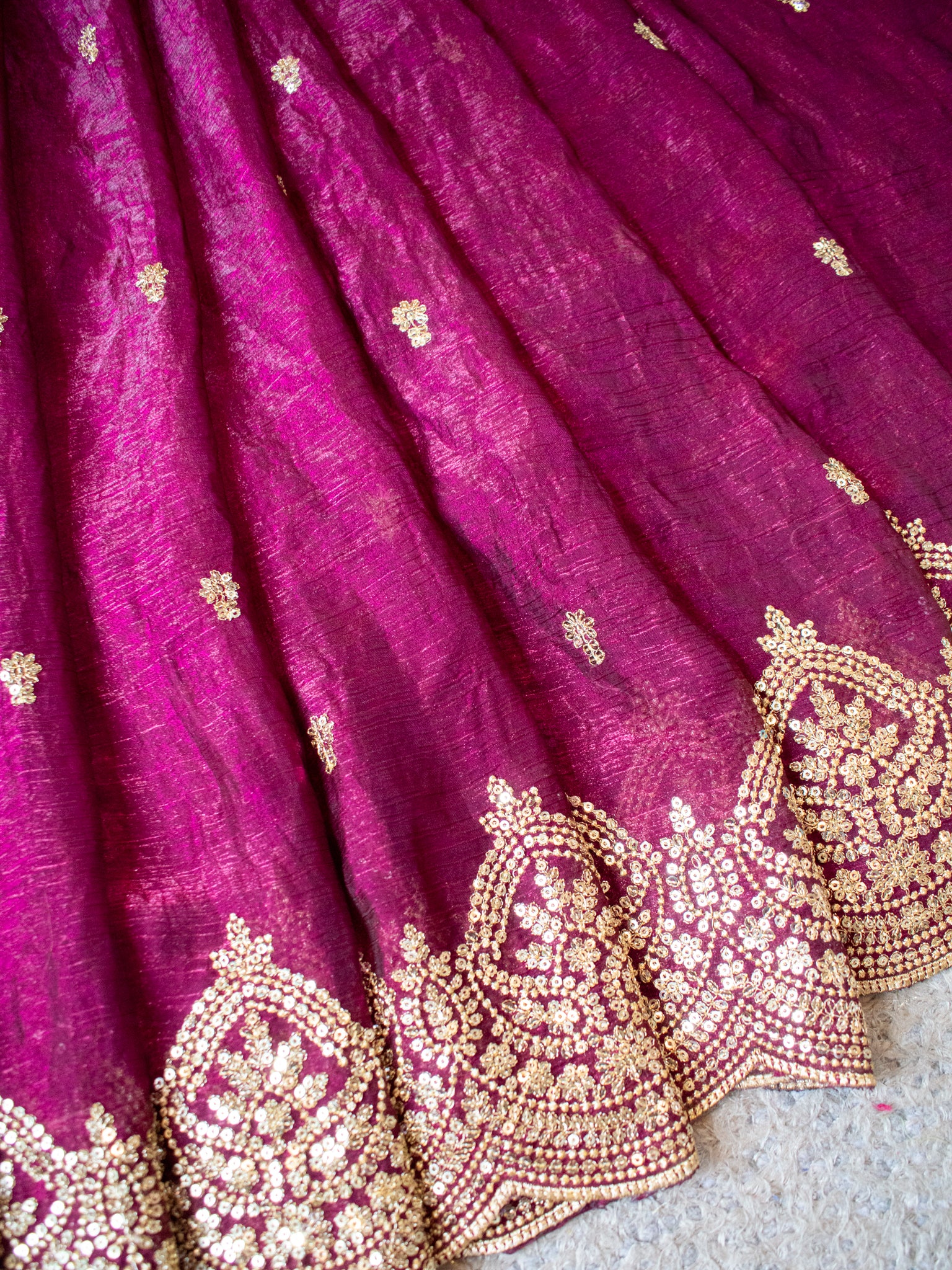 Tissue Sequin Saree With Scallop Border- Wine