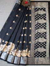 Banarasi Semi Silk Saree With Zari Border - Black