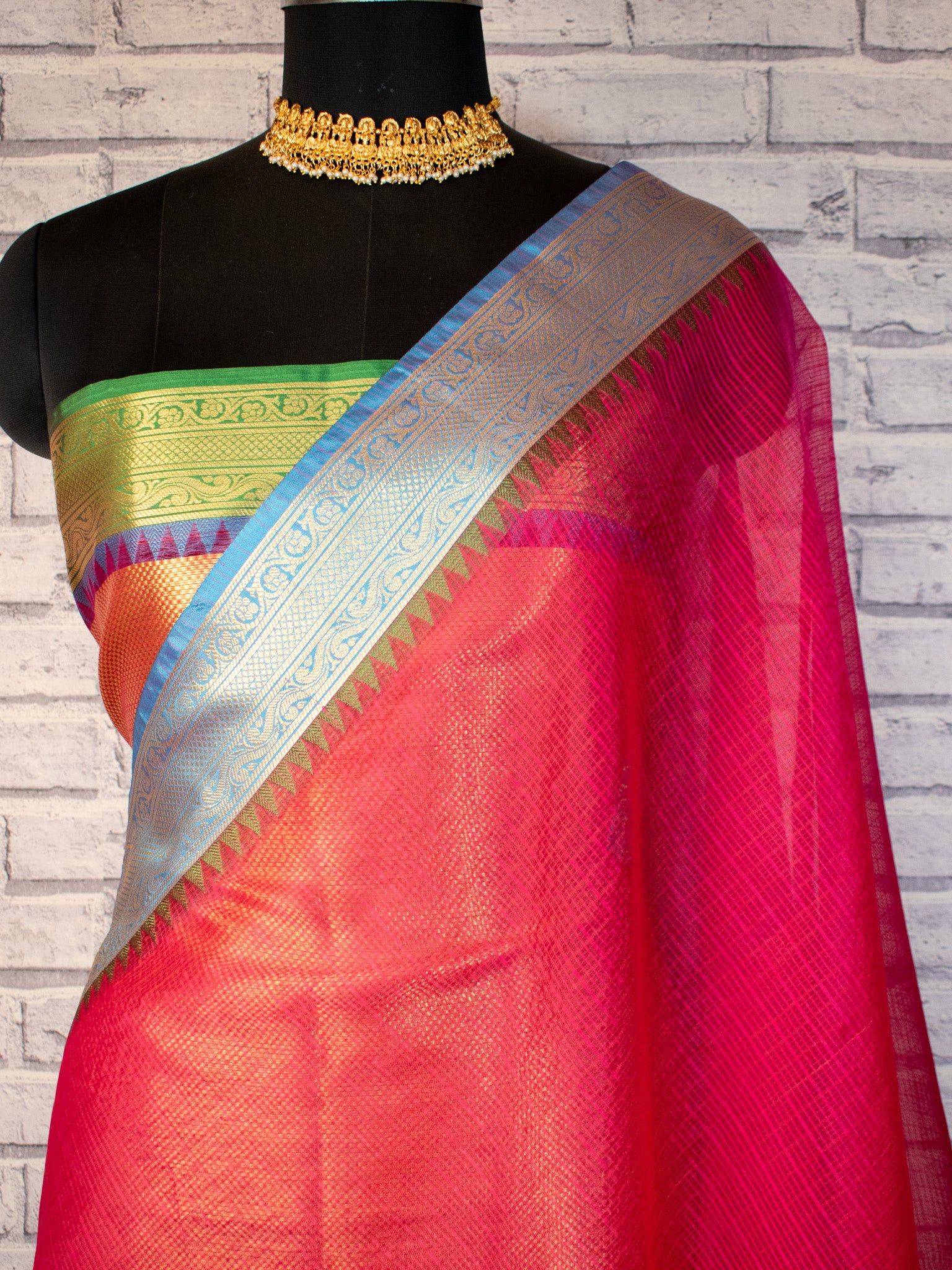 Banarasi Kota Check Saree With Contrast Border - Pink