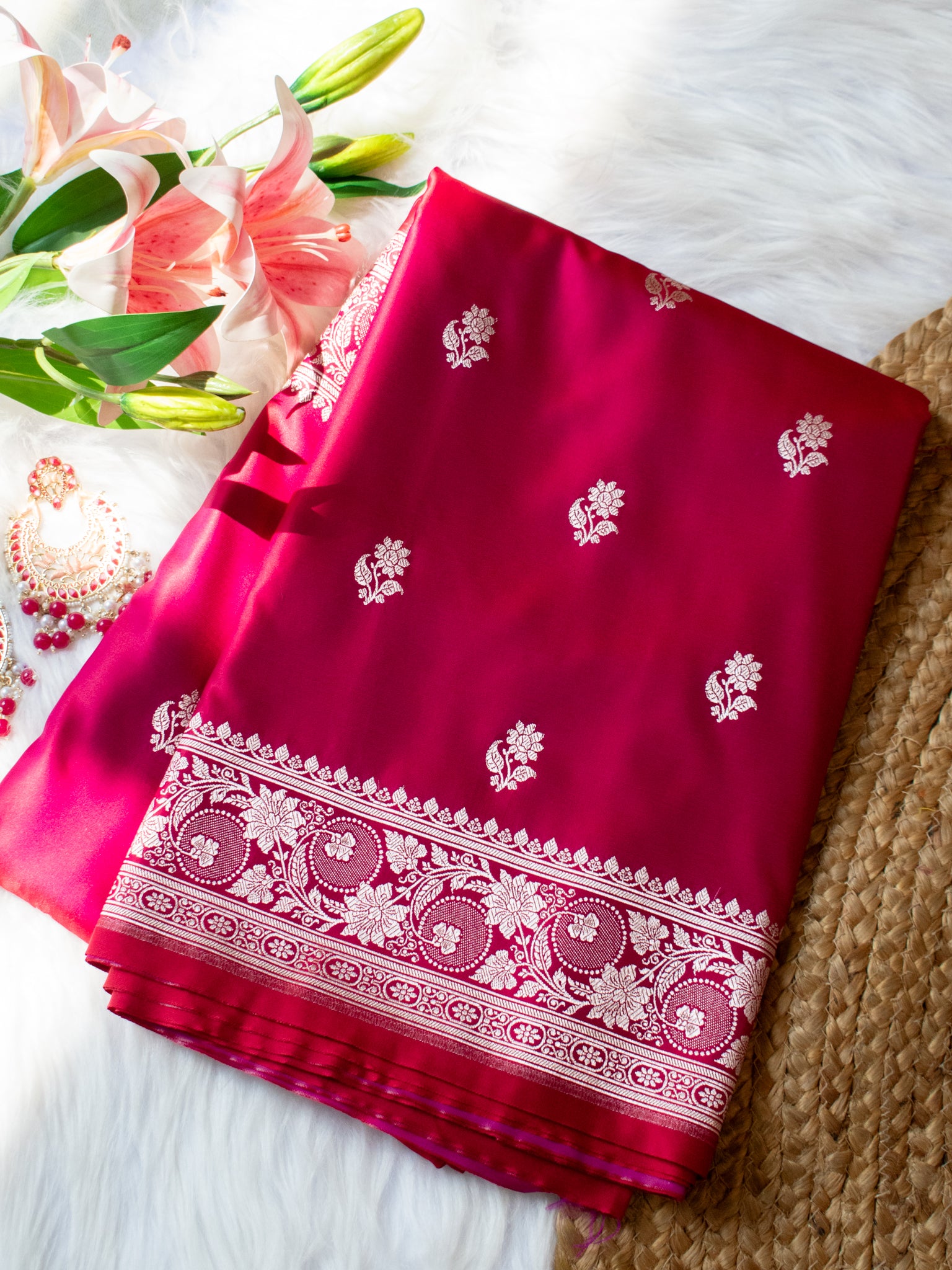 Banarasi Mashru Silk Saree With Buti & Border- Magenta