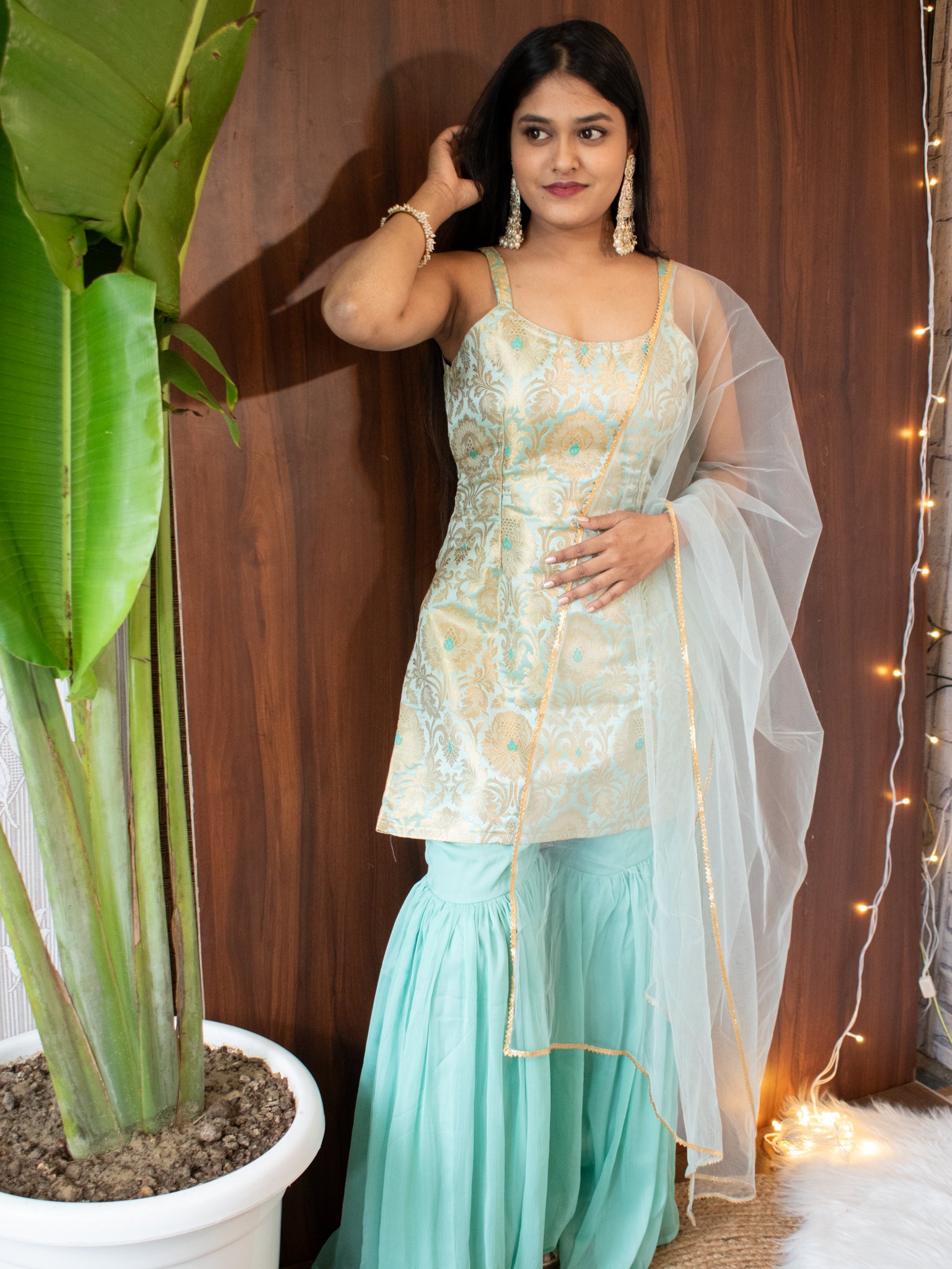 Readymade Banarasi Brocade Sharara Suit with Net Dupatta- Aqua Blue
