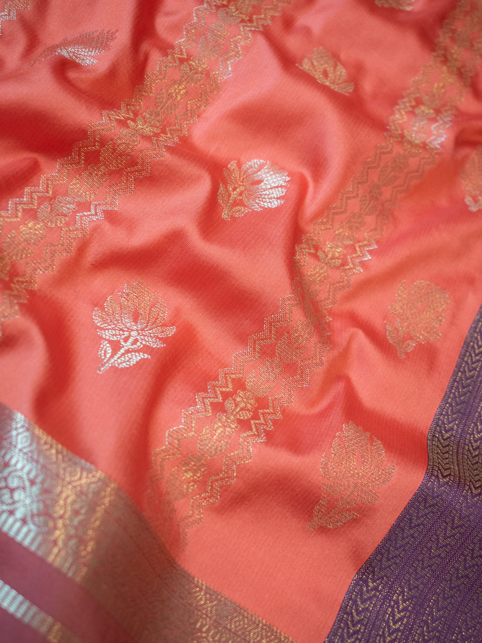 Banarasi Cotton Silk Saree with Zari Weaving & Lace Border- Orange