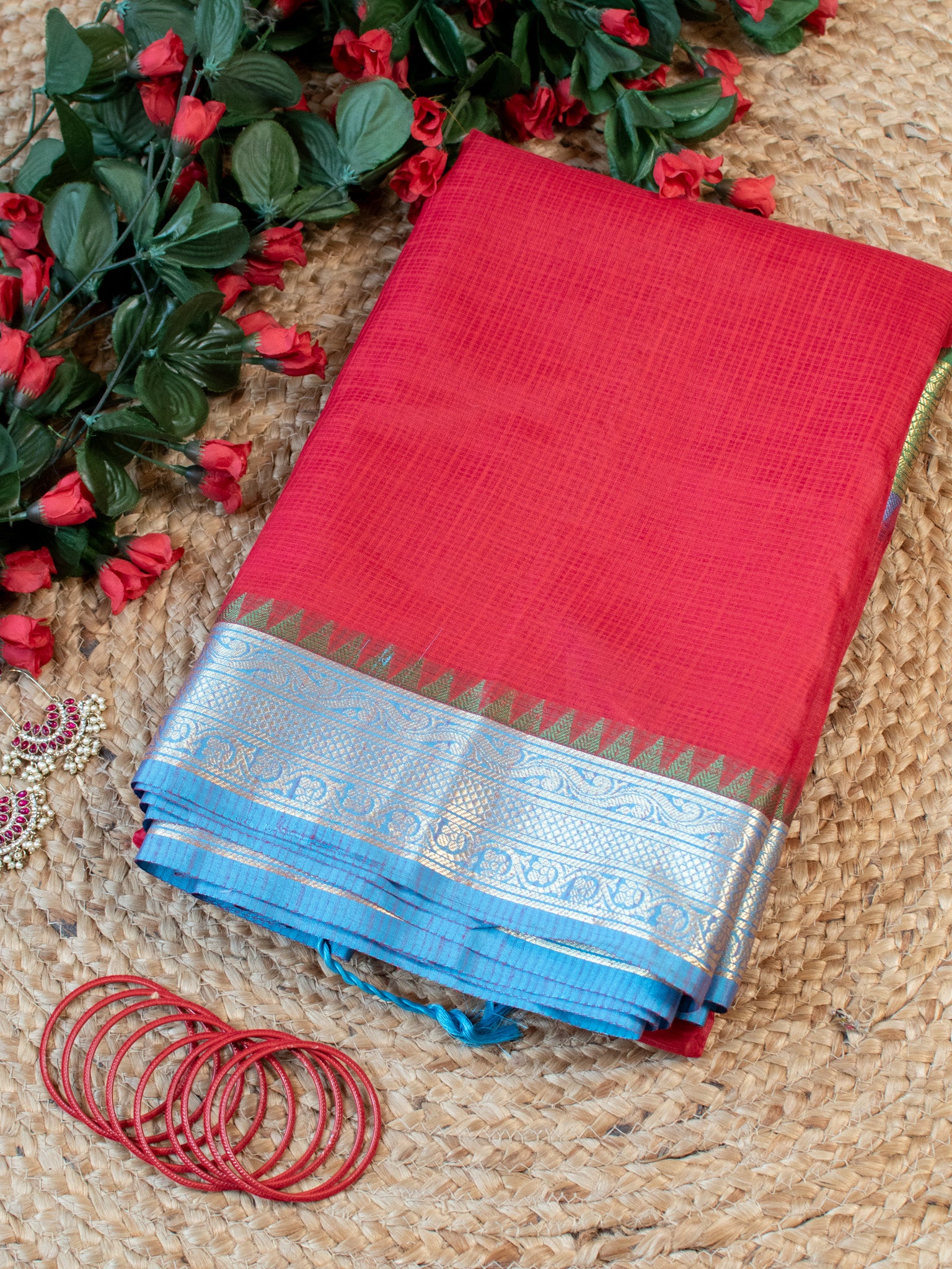 Banarasi Kota Check Saree With Contrast Border - Red