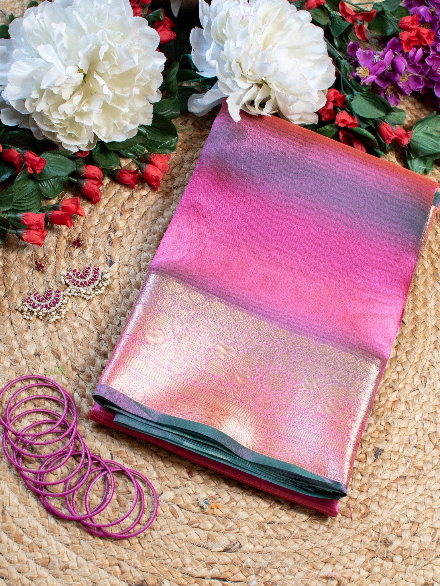 Banarasi Plain Shaded Tissue Saree With Zari Border - Pink