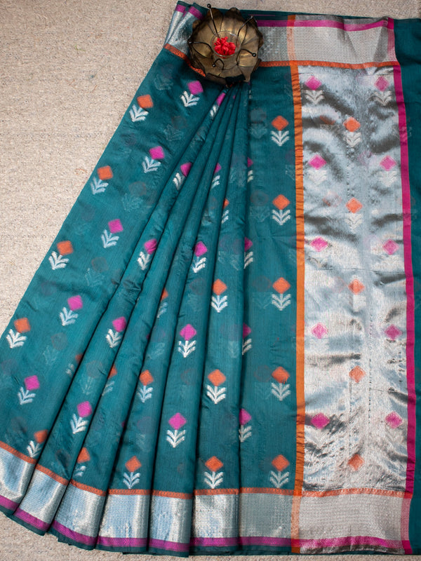 Banarasi Soft Cotton Saree Silver Zari Weaving- Green