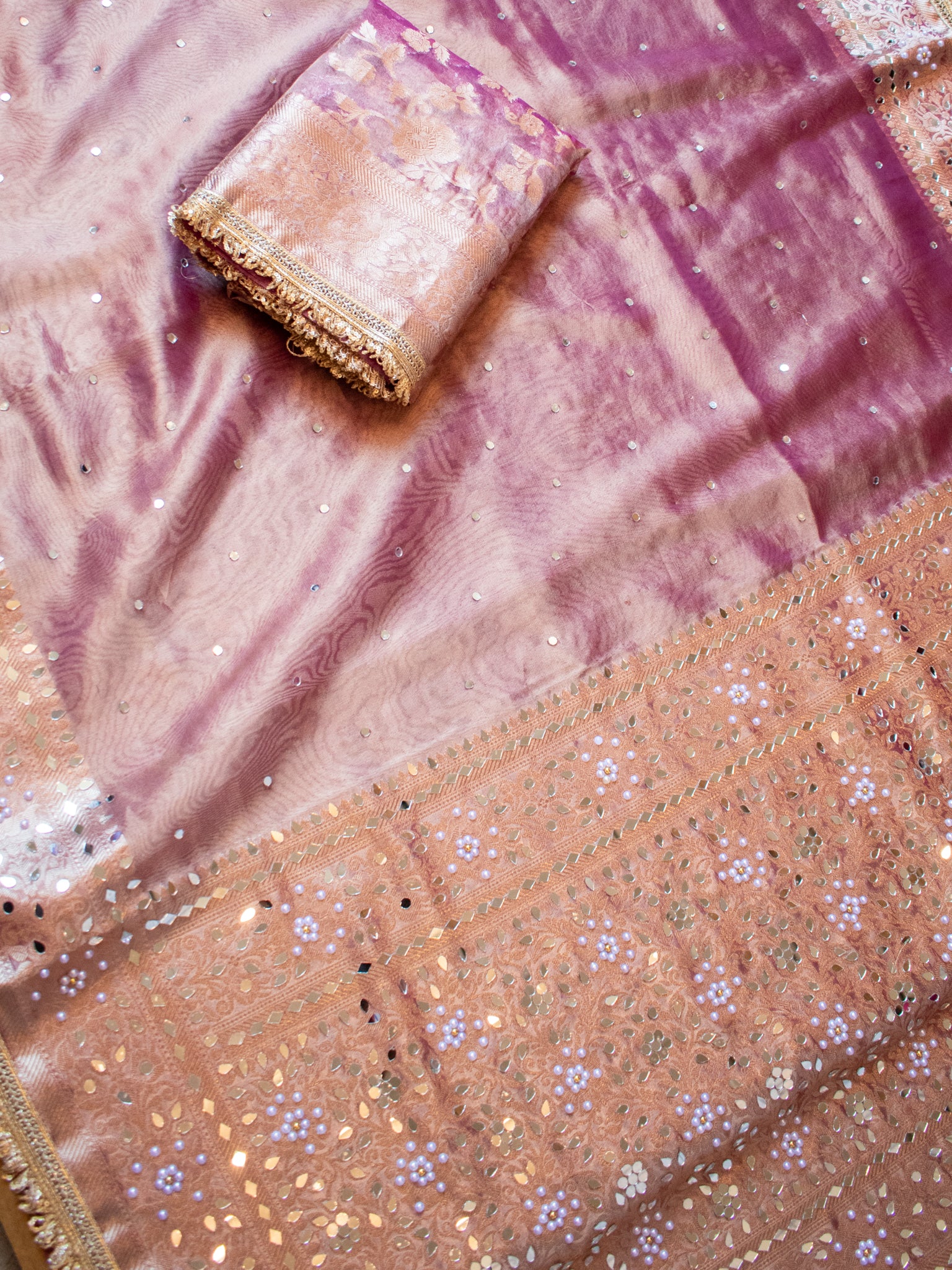 Banarasi Mirror Work Tissue Saree with Lace Border - Pink