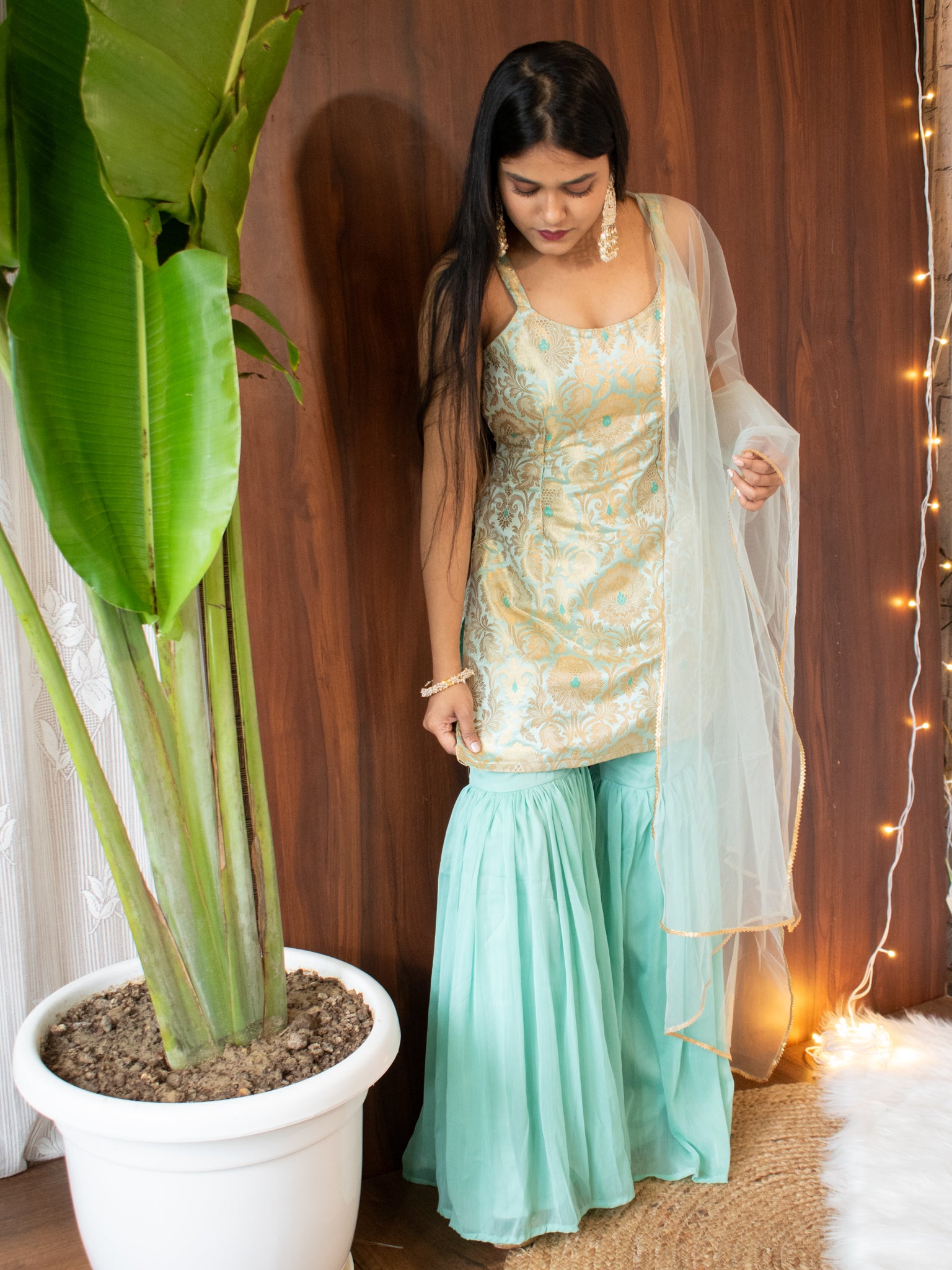 Readymade Banarasi Brocade Sharara Suit with Net Dupatta- Aqua Blue