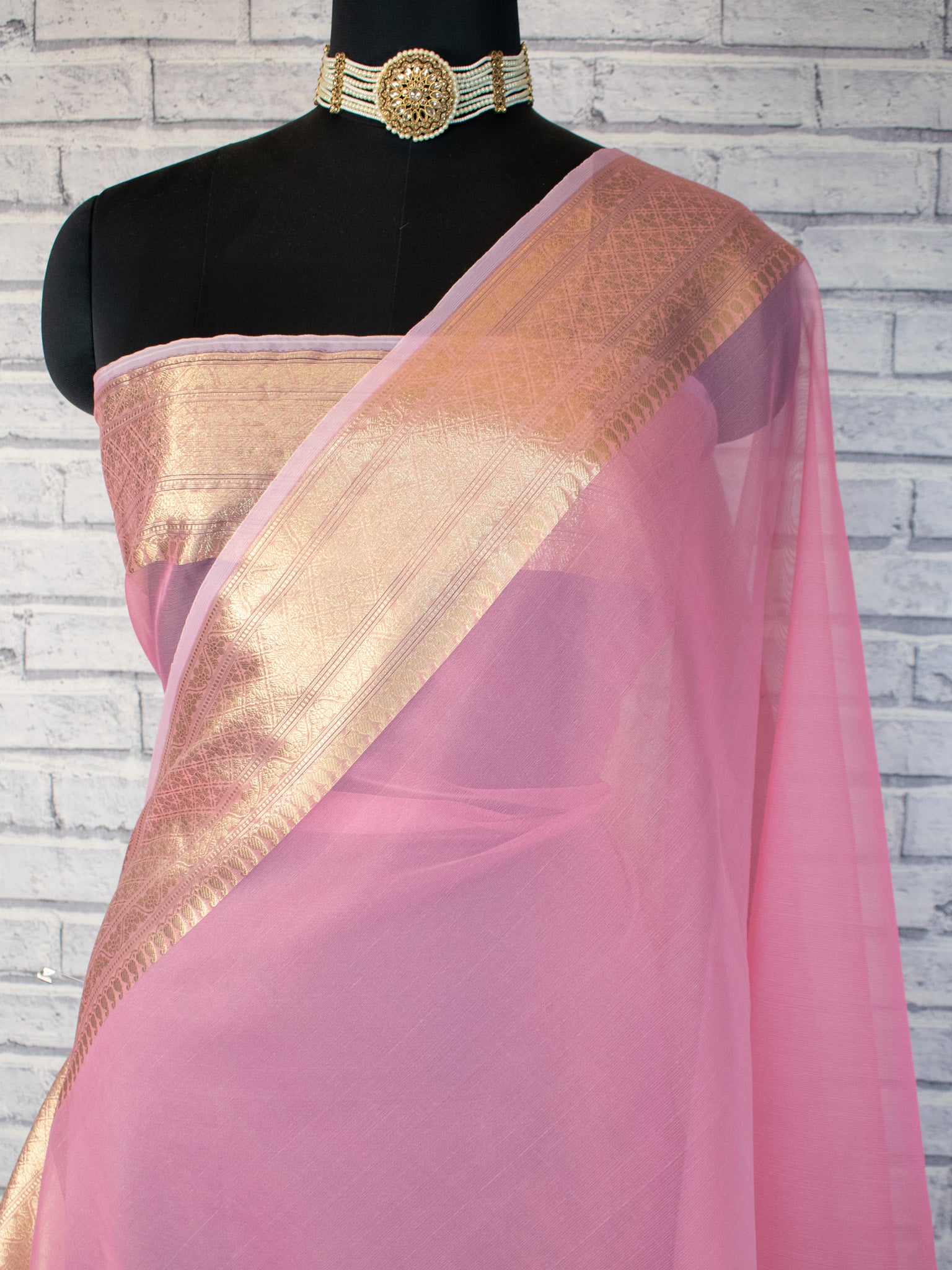 Banarasi Organza Mix Plain Saree With Zari Border-Pink