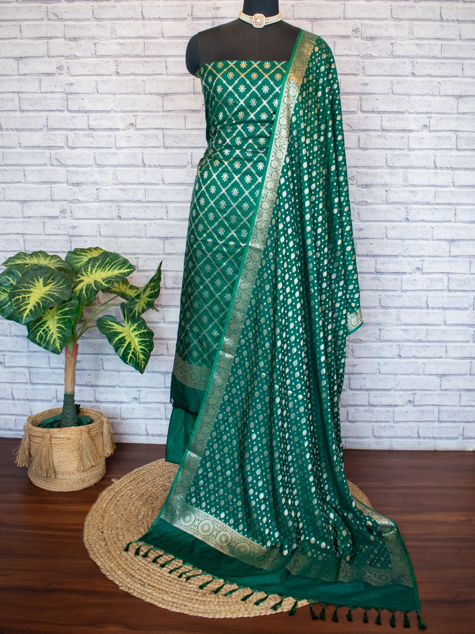 Banarasi Semi Katan Salwar Kameez Fabric With Dupatta- Green