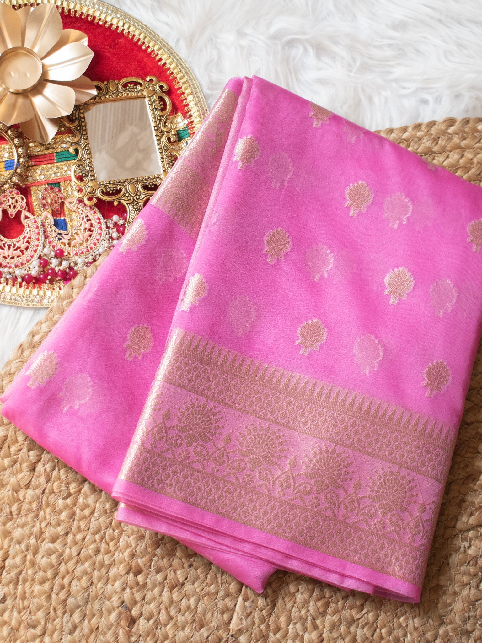 Banarasi Organza Mix Saree With Zari Weaving & Border- Pink