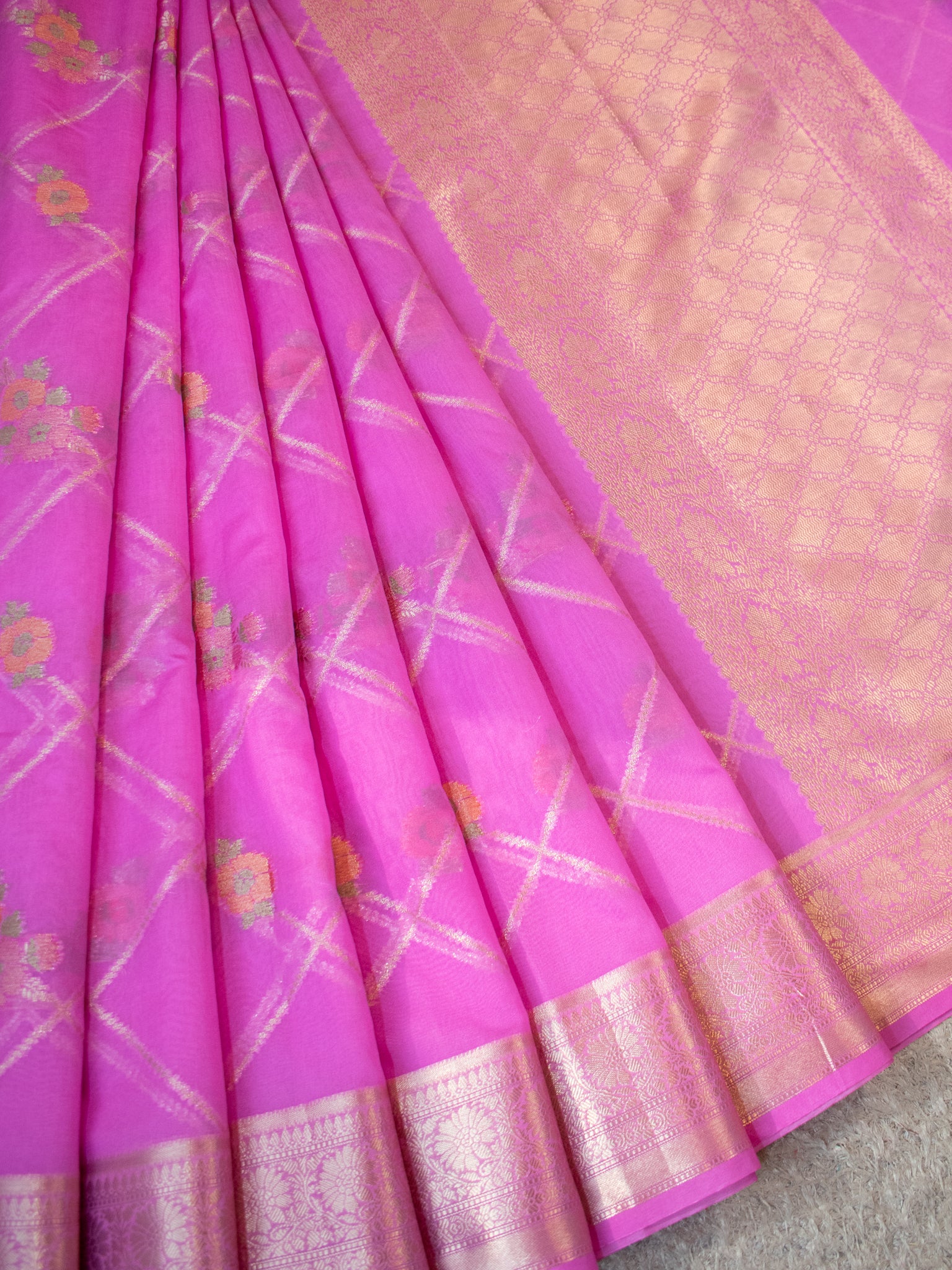 Banarasi Cotton Silk Saree with Floral Weaving & Border-Pink