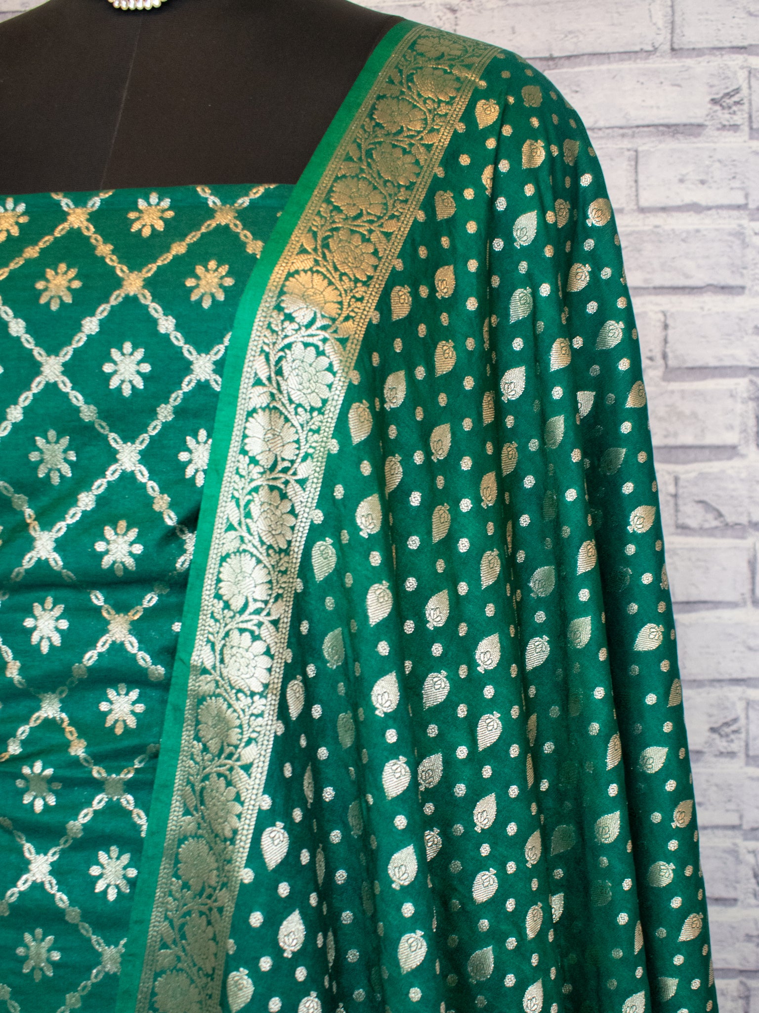 Banarasi Semi Katan Salwar Kameez Fabric With Dupatta- Green