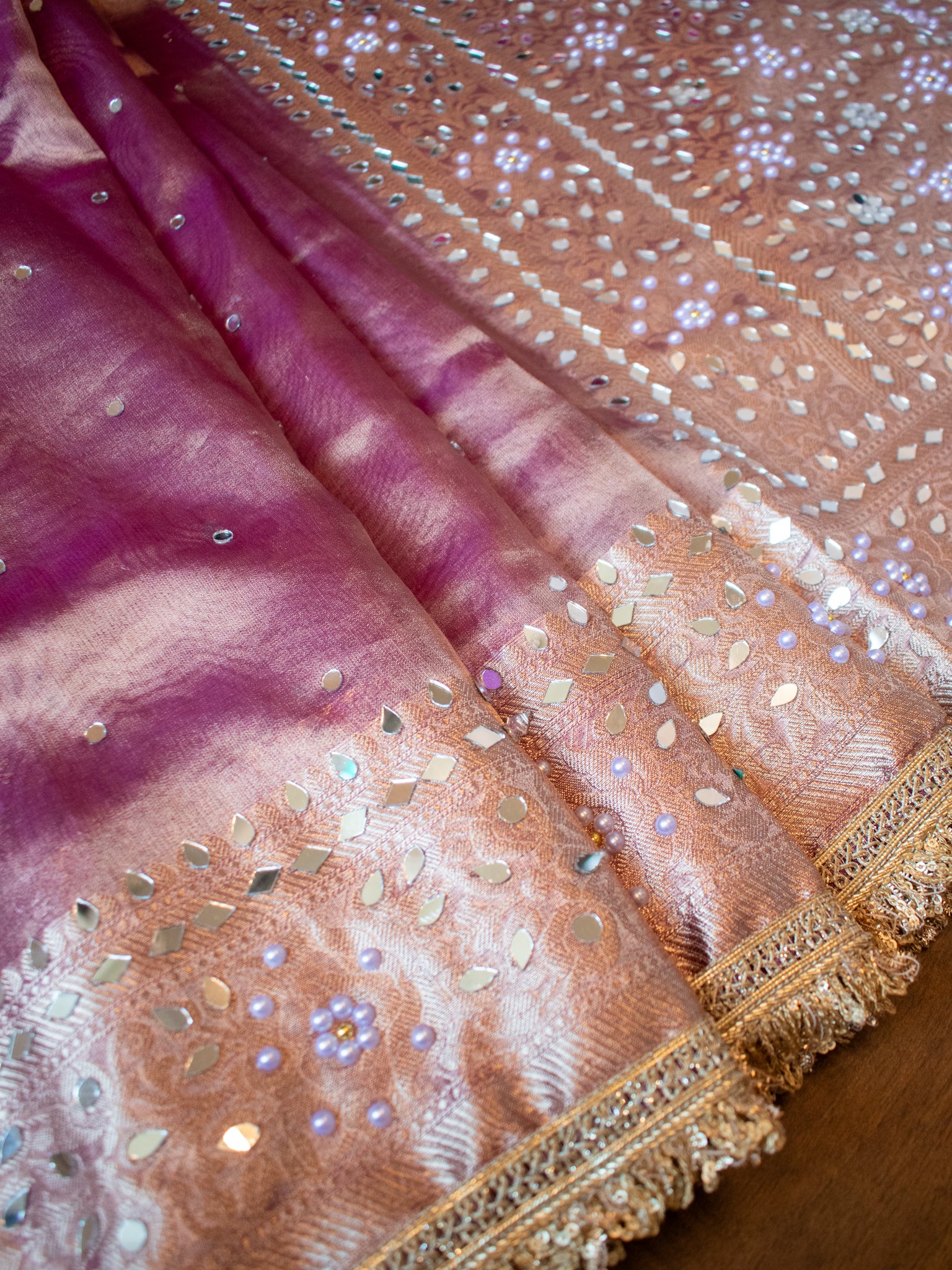 Banarasi Mirror Work Tissue Saree with Lace Border - Pink