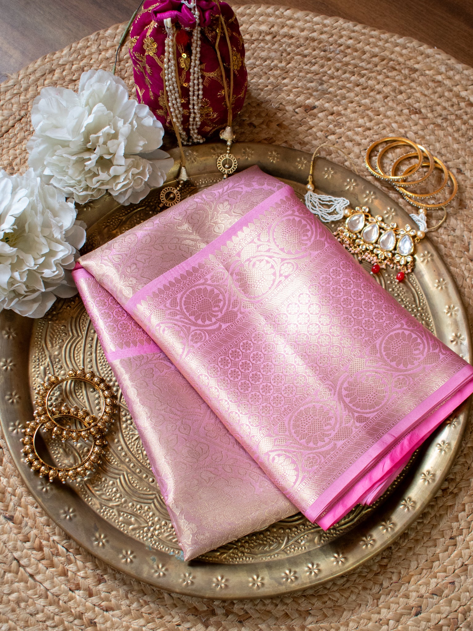 Banarasi Kora Muslin Saree With Zari Weaving & Border- Baby Pink