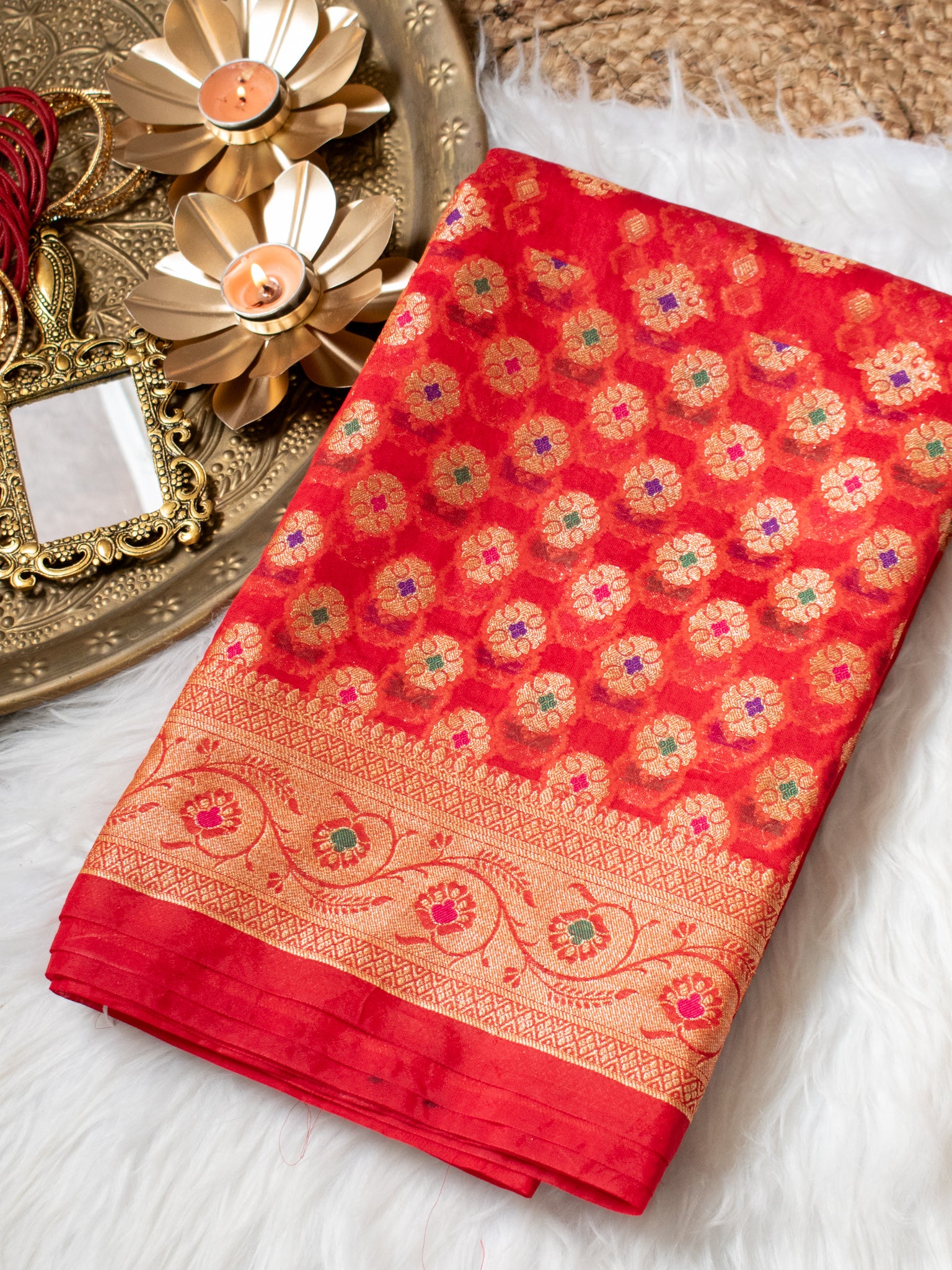 Banarasi Pure Cotton Saree With Zari & Resham Buti Weaving & Border- Red