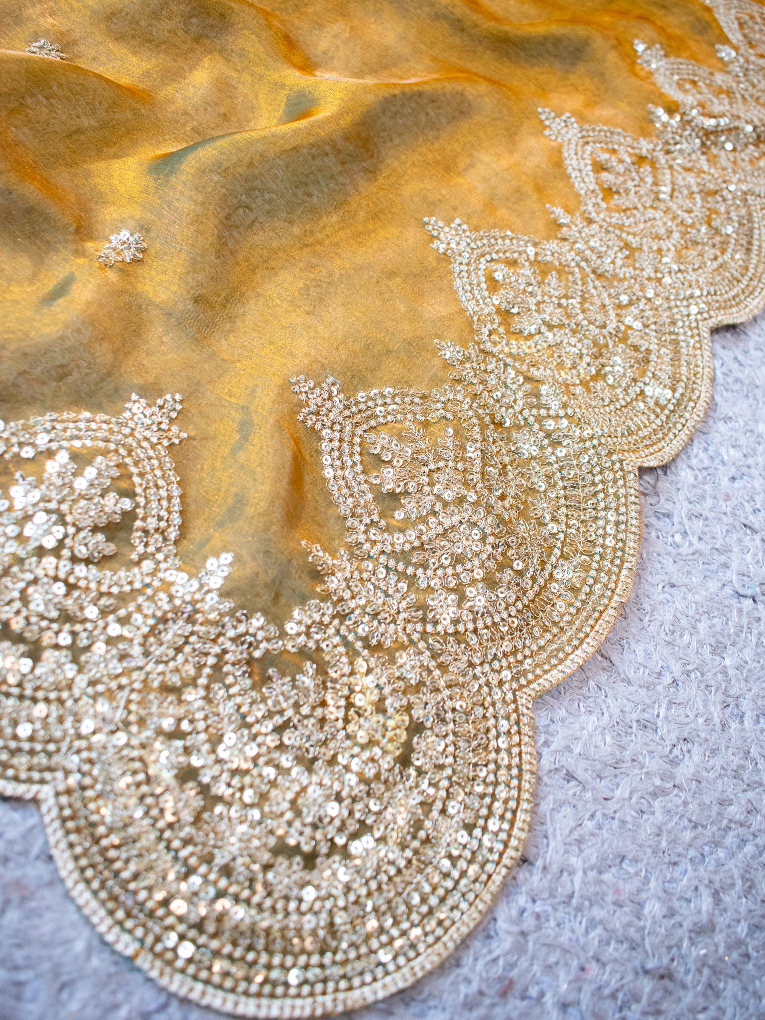Tissue Sequin Saree With Scallop Border- Mustard Yellow
