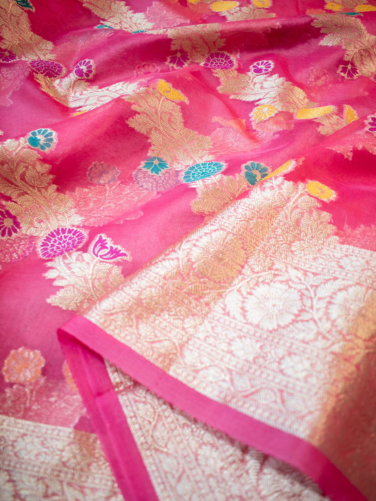 Banarasi Cotton Silk Saree With Silver Zari Weaving & Border-Pink