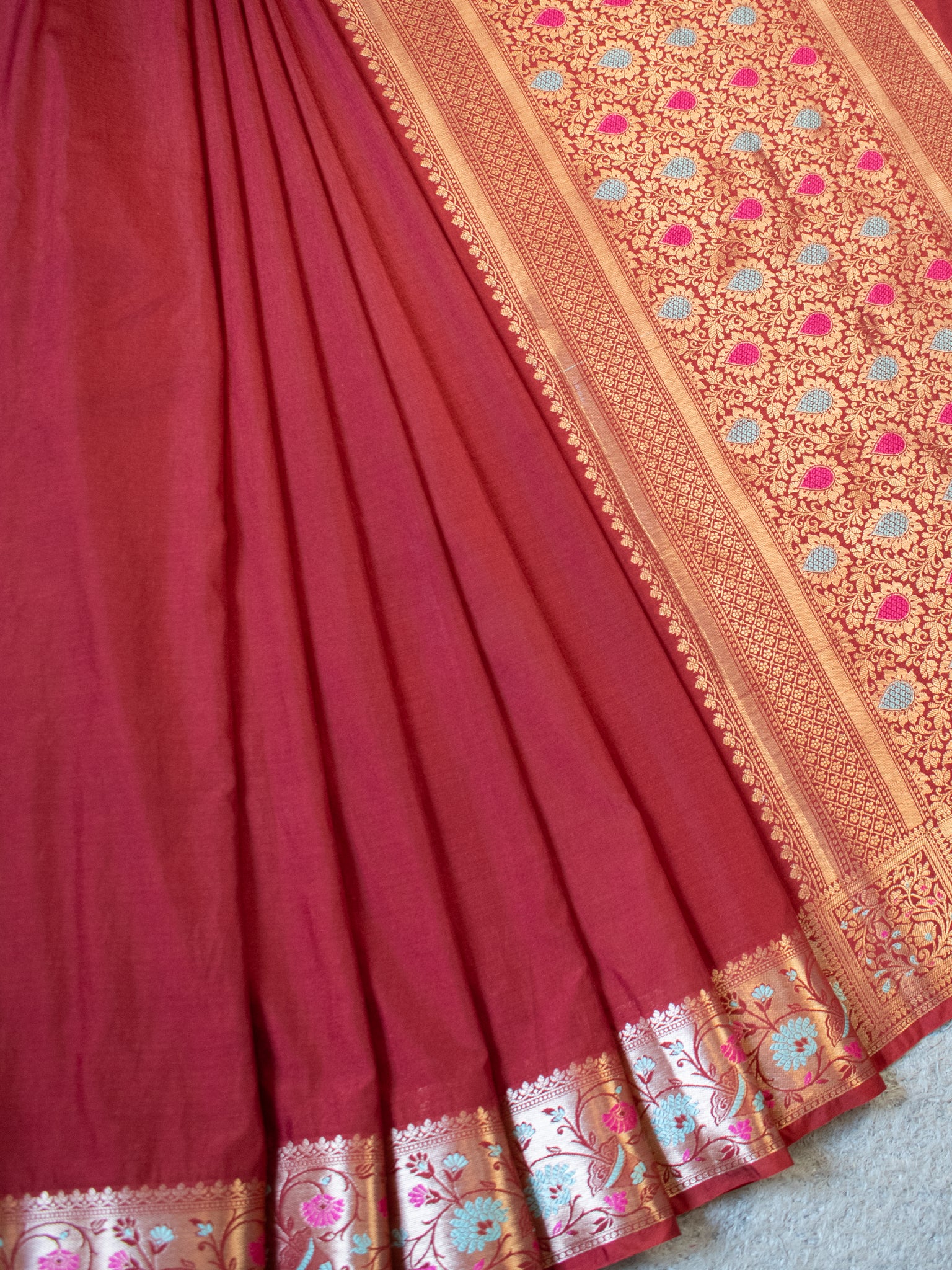 Banarasi Plain Semi Katan Saree With Meena Border- Maroon