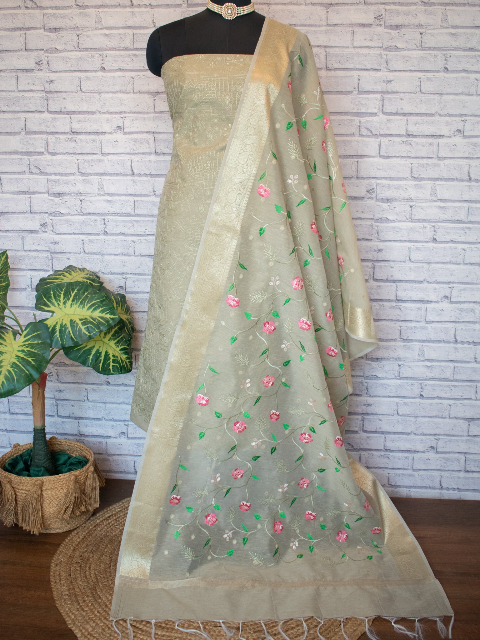 Banarasi Embroidered Salwar Kameez With Dupatta -  Beige