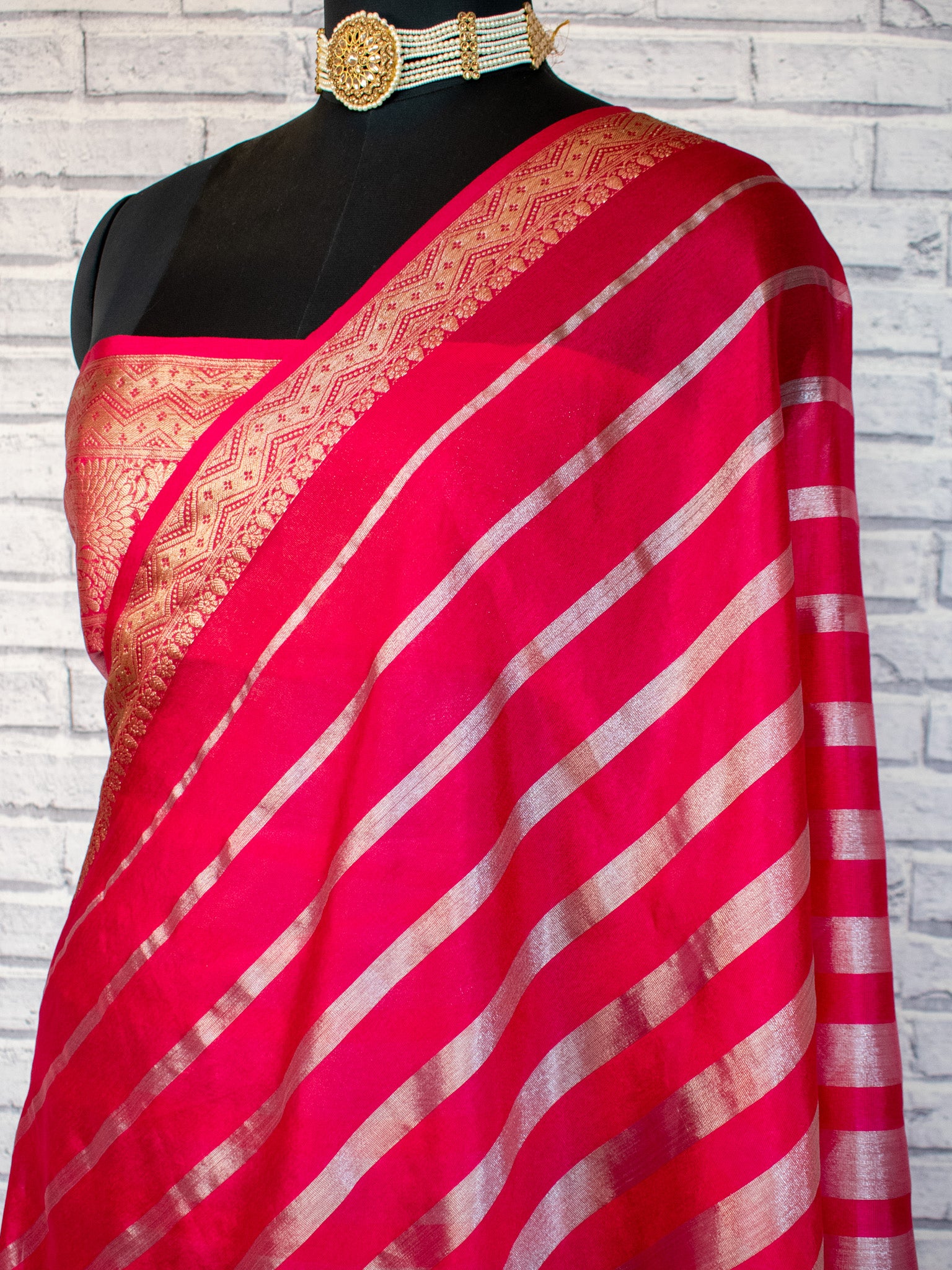 Banarasi Tissue Saree With Copper Zari Border-Pink