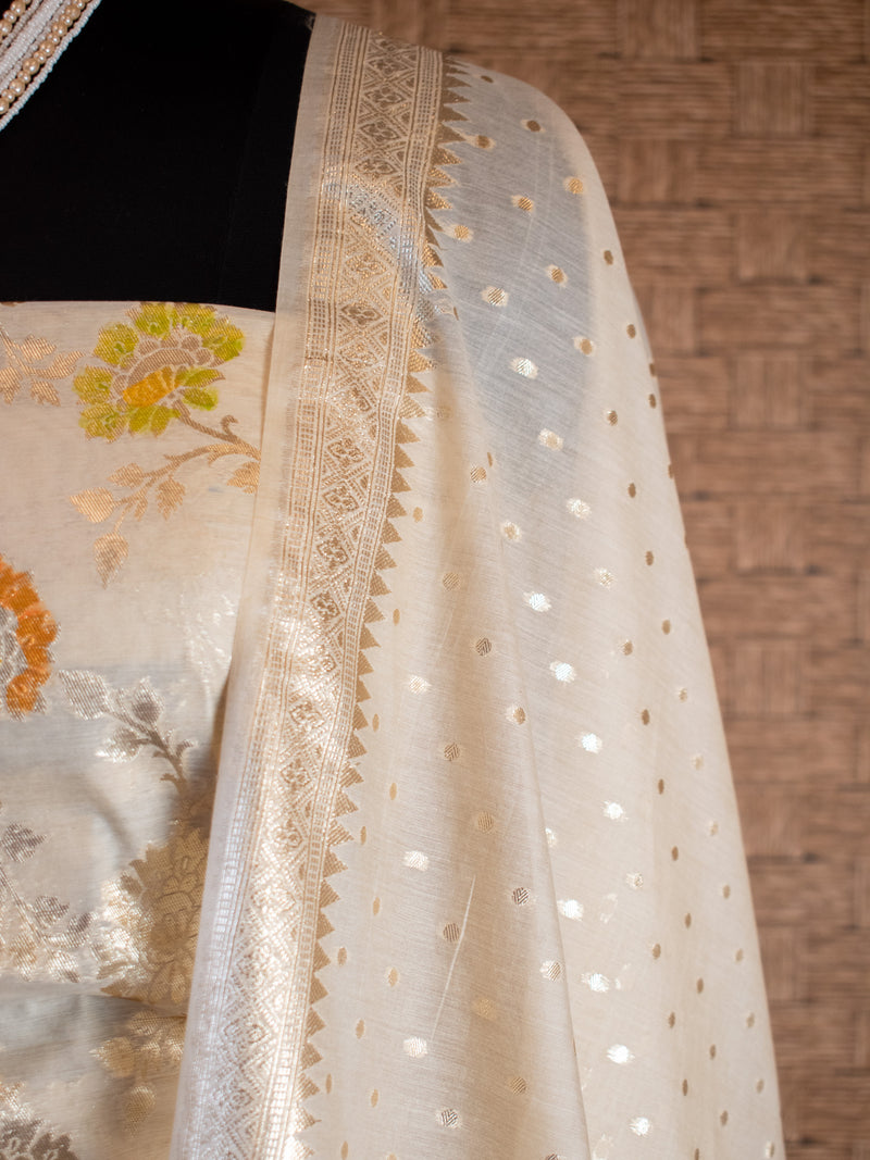 Banarasi Cotton Silk Salwar Kameez Material With Silver Zari Jaal Weaving & Dupatta-Cream