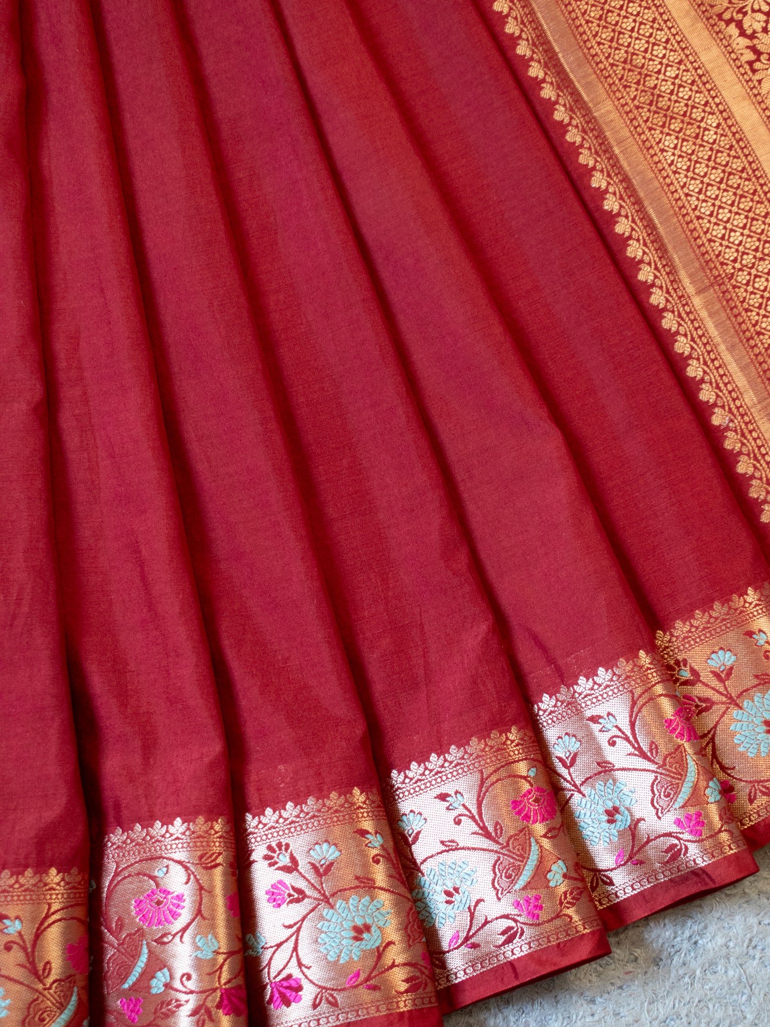 Banarasi Plain Semi Katan Saree With Meena Border- Maroon