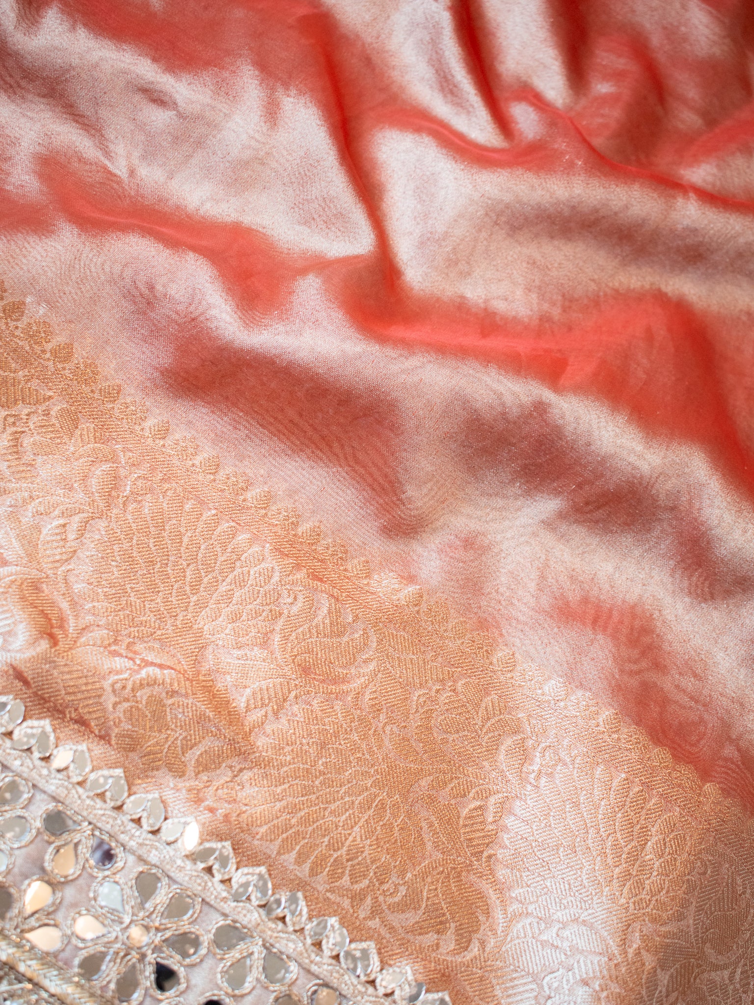 Banarasi Plain Tissue Saree with Mirror Lace Border - Rust