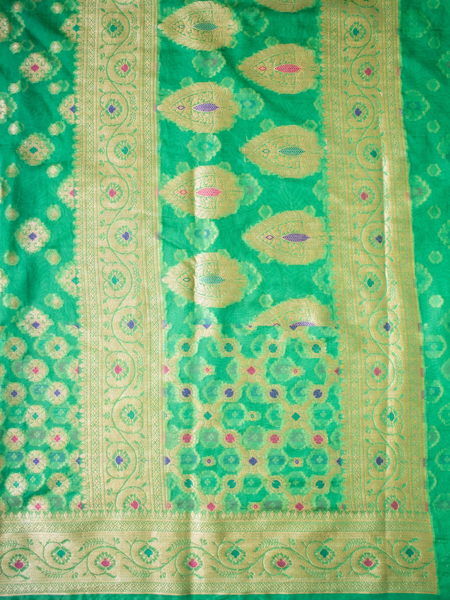 Banarasi Pure Cotton Saree With Zari & Resham Buti Weaving & Border- Green