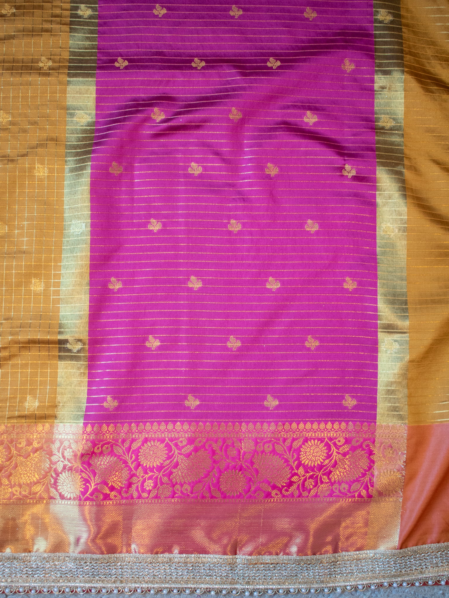 Banarasi Cotton Silk Saree With Zari Weaving & Lace Border-  Mustard