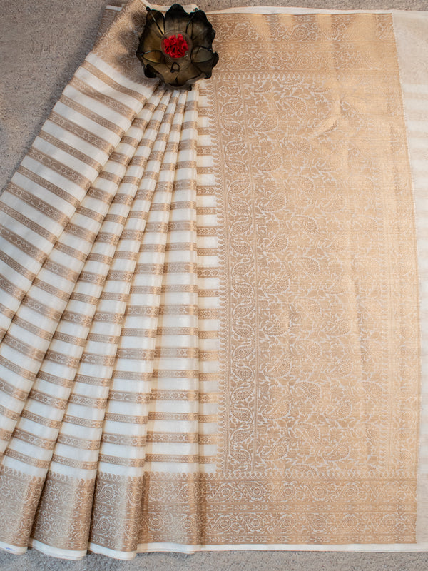 Banarasi Cotton Silk Saree With Copper Zari Border-White