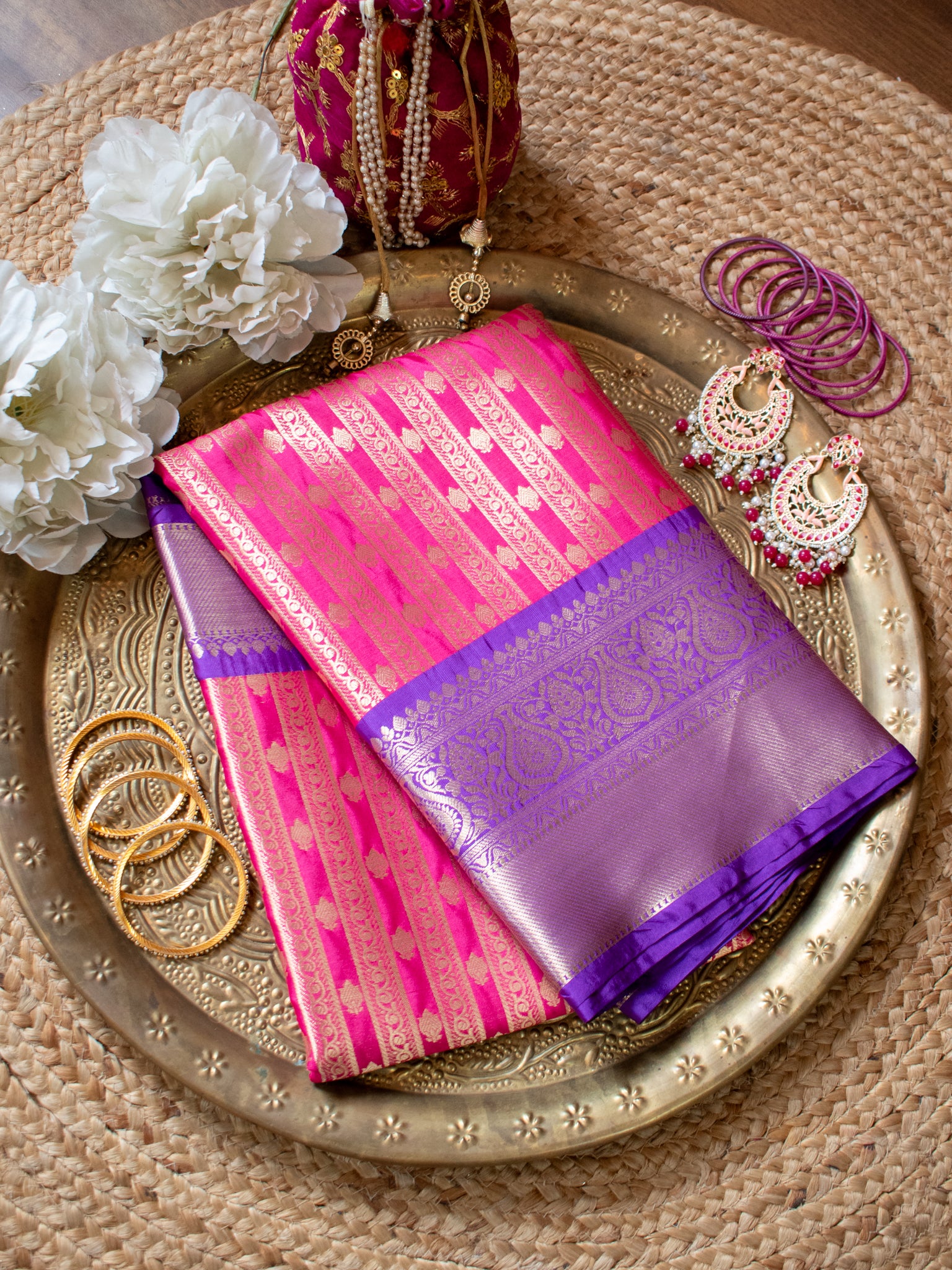 Banarasi Kora Muslin Saree With Zari Weaving & Contrast Border- Pink