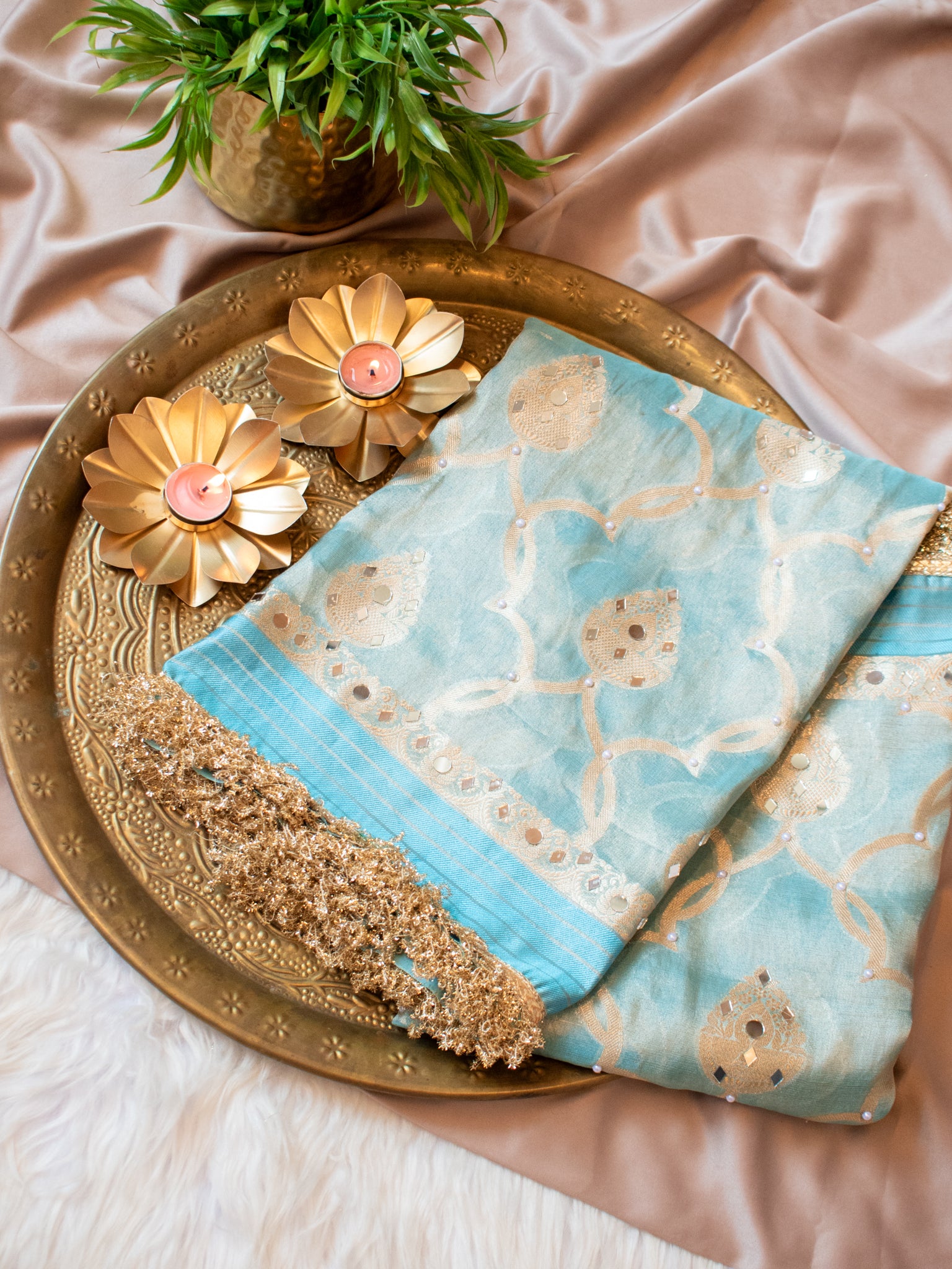 Banarasi Soft Tissue Saree With Mirror Work & Lace Border- Aqua Blue